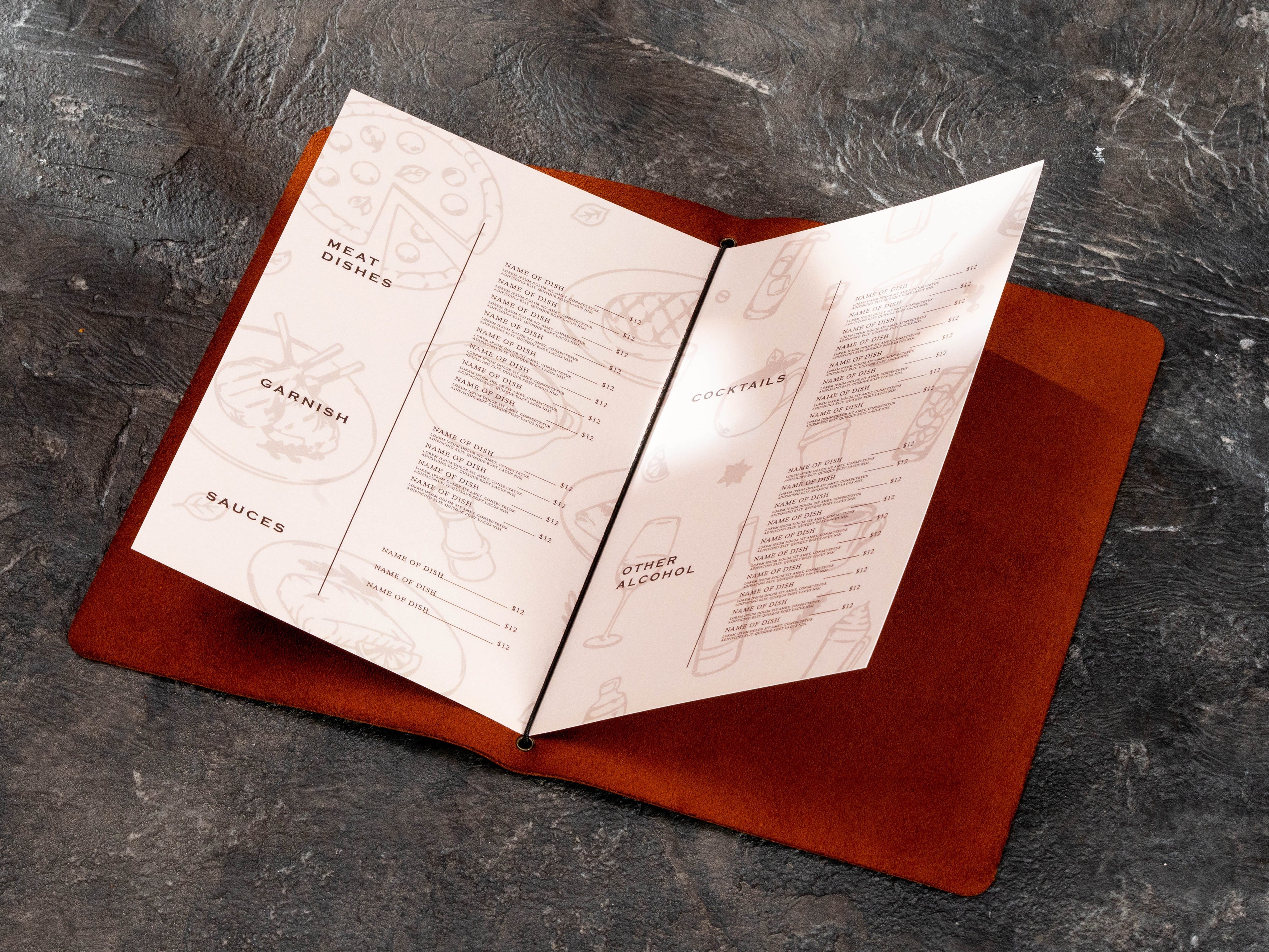 Leather home cocktail bar menu cover holding folded drink menu pages with center elastic cord binding.