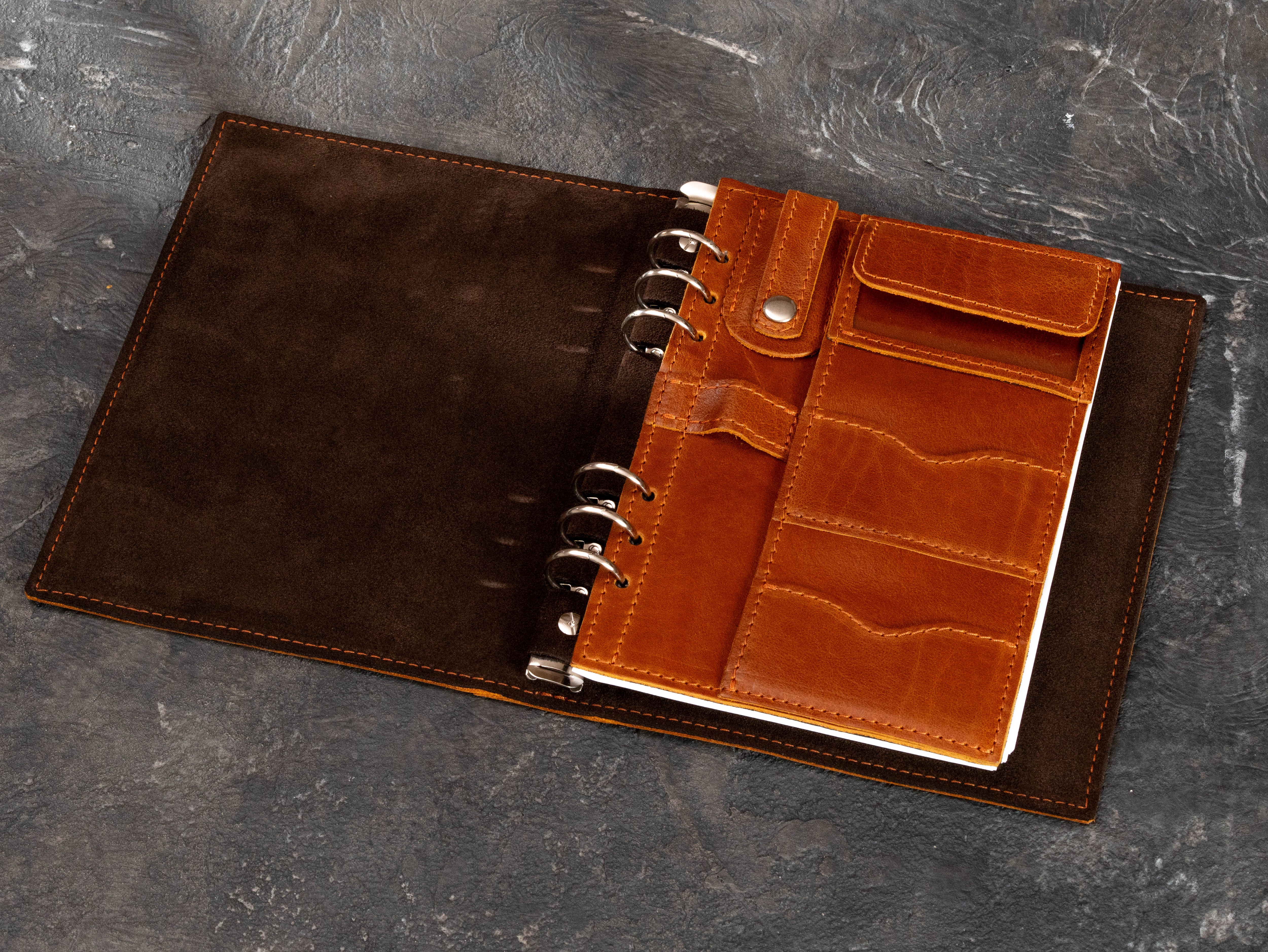 Open Camel leather corporate journal binder with 6-ring mechanism, removable leather organizer insert, card slots and pen holder.