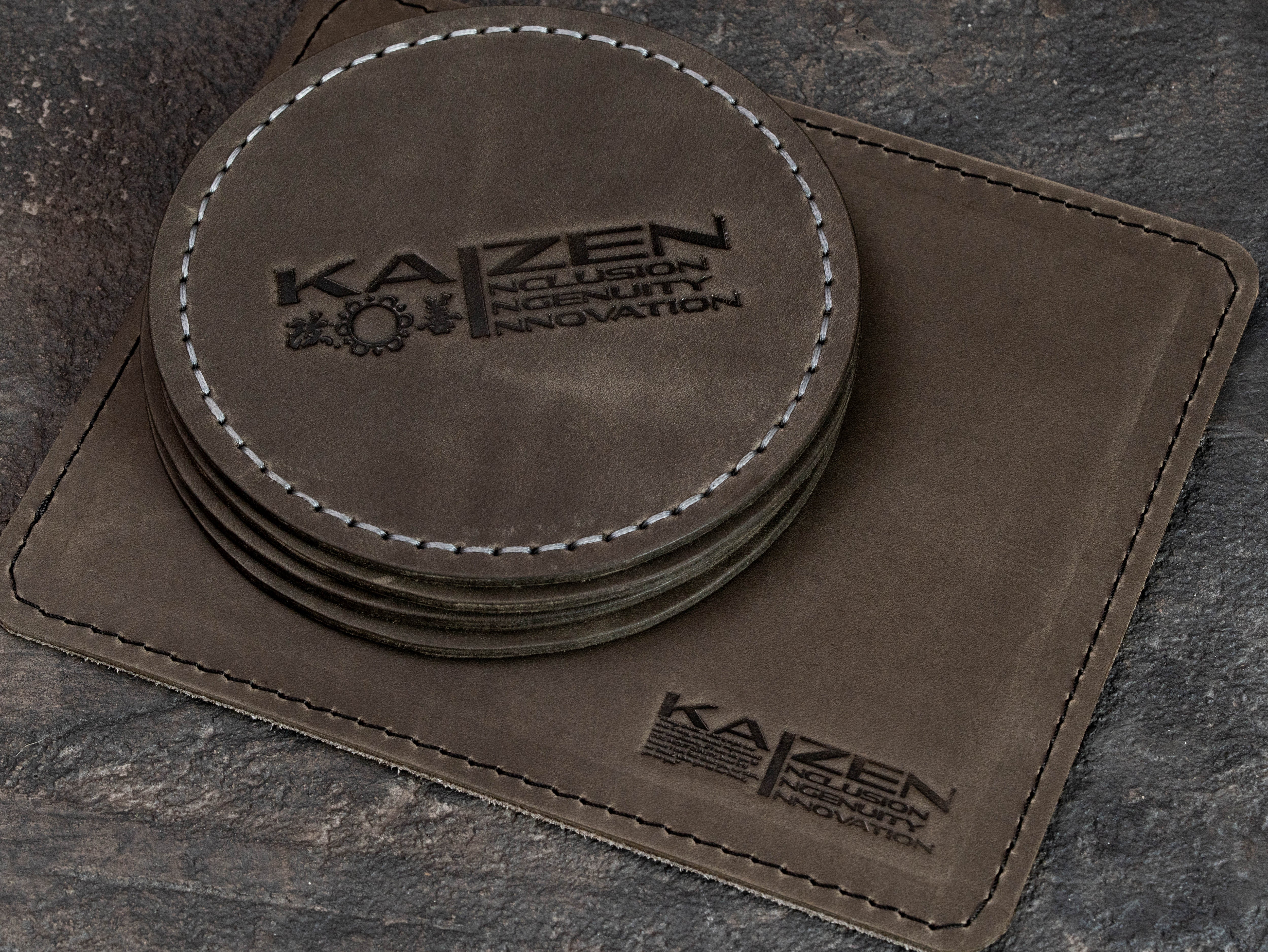 Custom Gray Crazy Horse Leather Coasters & Equipment Mat with Corporate Logo | Mureli