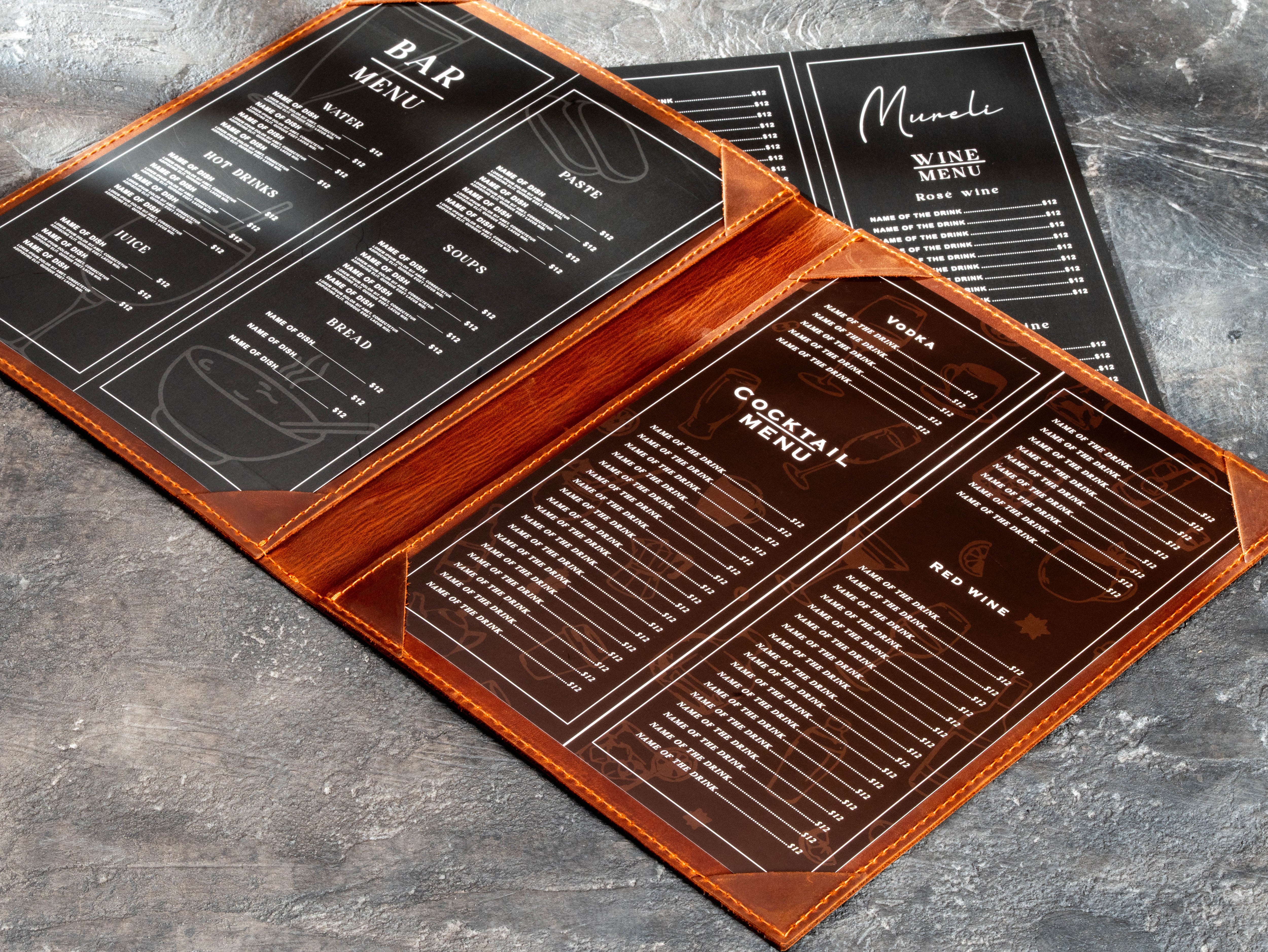 leather menu folder with multiple printed restaurant menu sheets held by corner pockets.