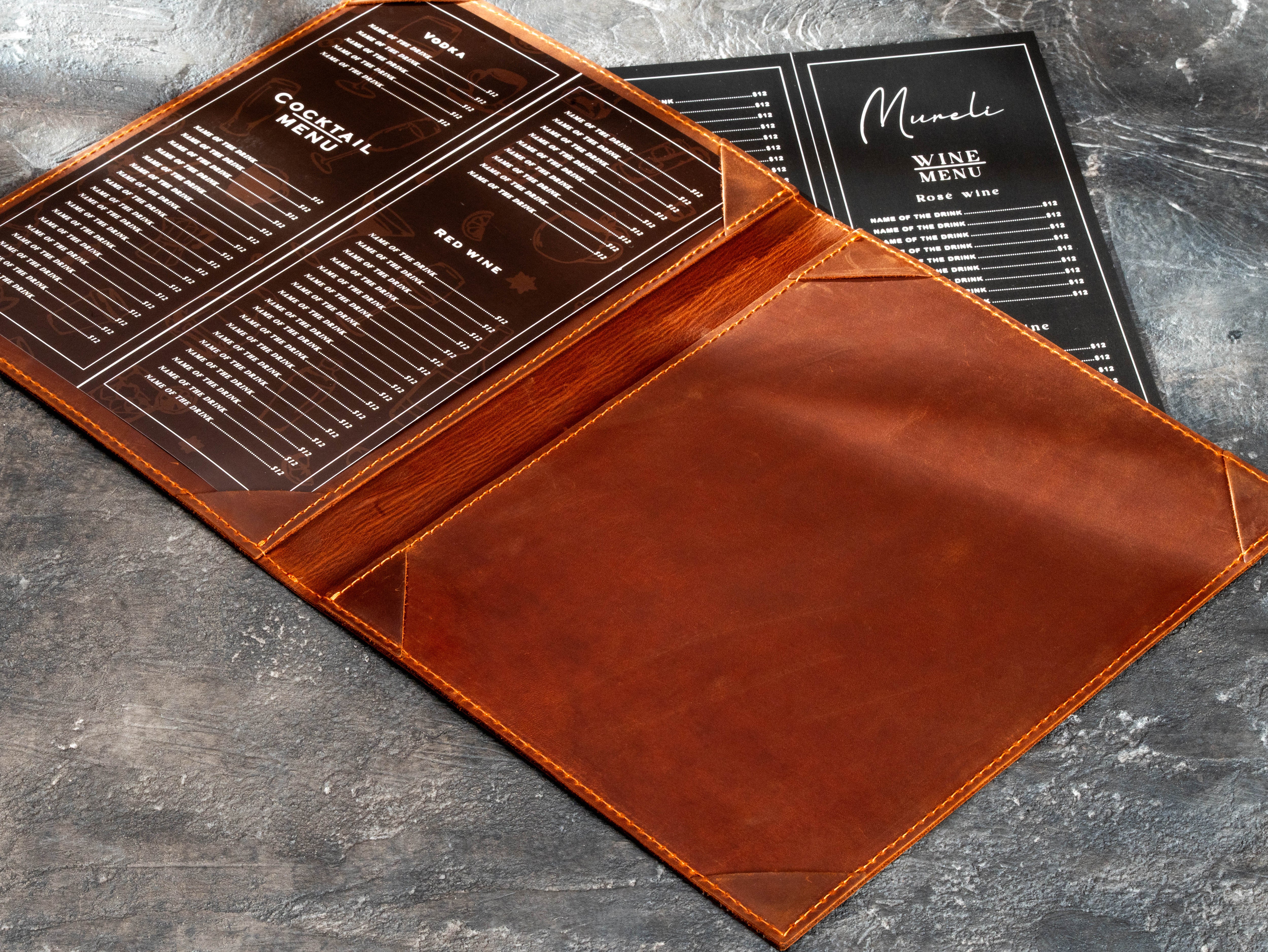Soft leather menu folder with 8.5 × 11 inch menu pages and clean unbranded exterior design.