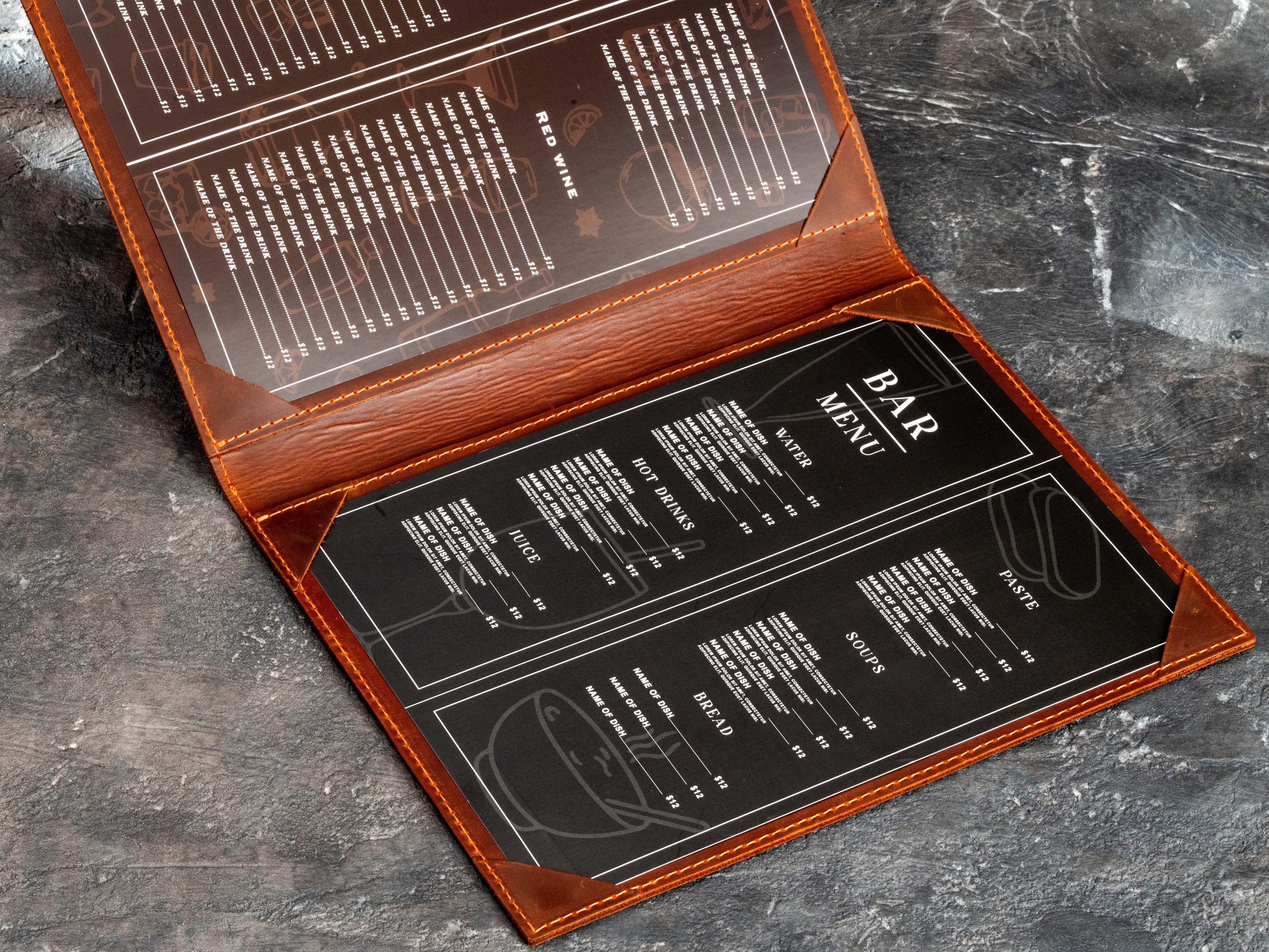 Leather menu presentation folder with 8.5 × 11 inch printed menu pages fitted into straight corner pockets.