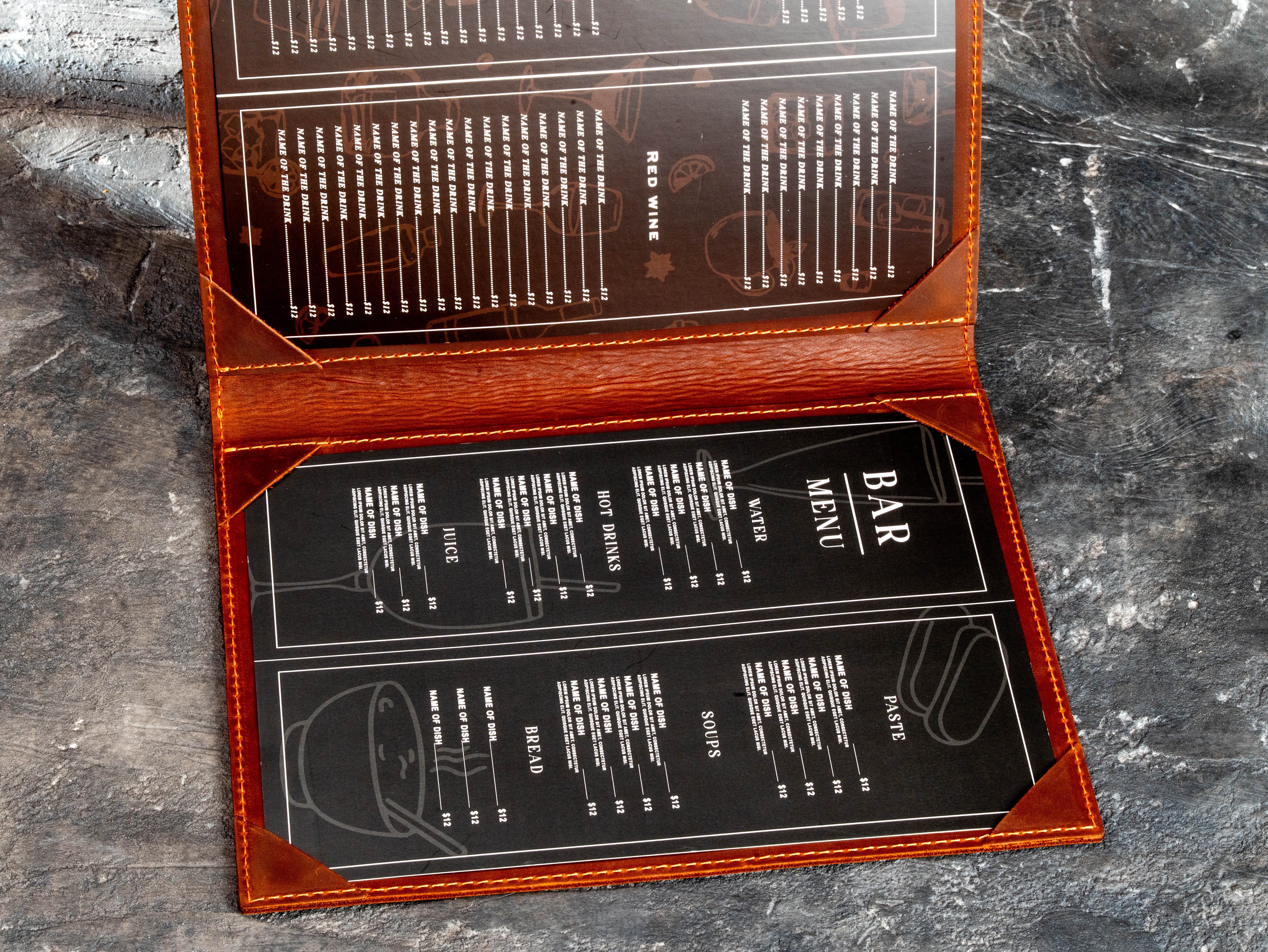 restaurant menu folder showing double-layer leather construction and menu sheets secured at all four corners