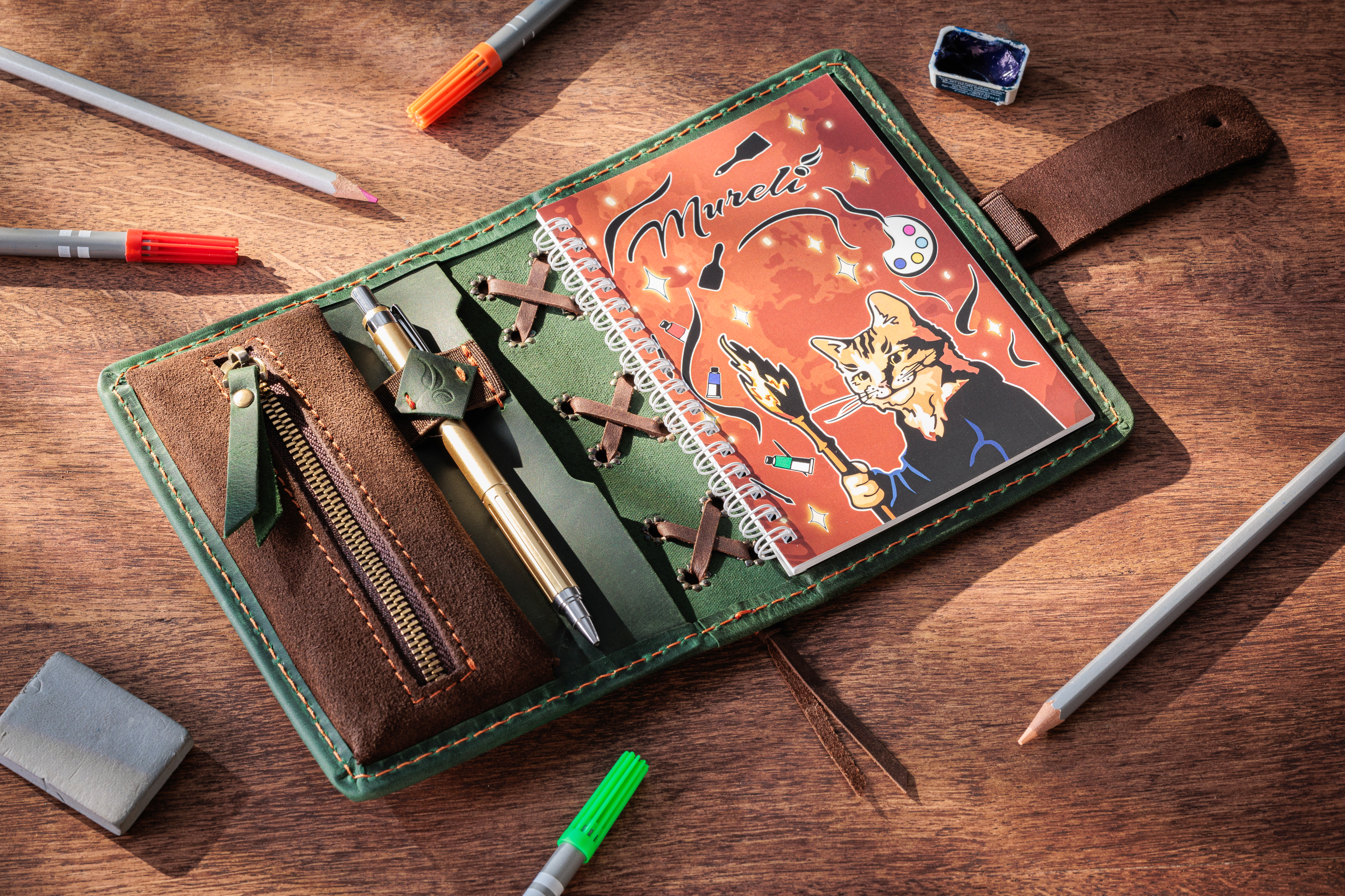 Green Personalized Leather Mini Sketchbook Set — A6 Landscape — Mini Pocket-Size