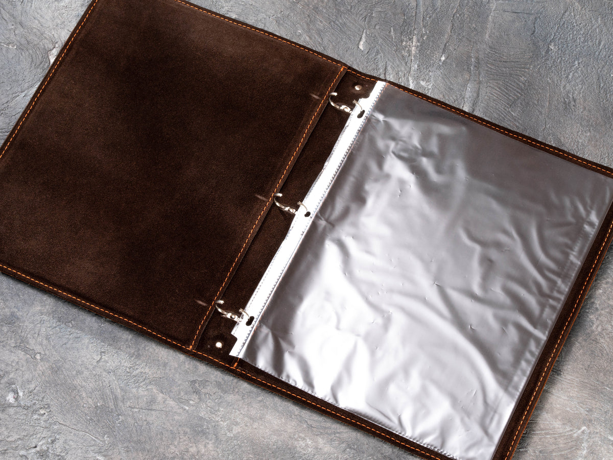 Leather portfolio binder with clear sheet protector for presentations, proposals and project pages