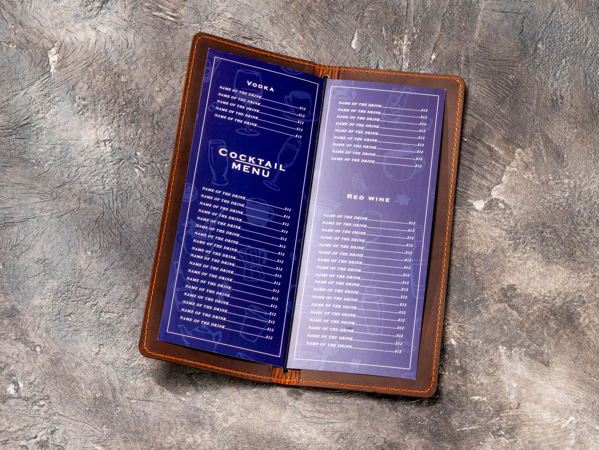 Leather cocktail and wine menu holder with center elastic binding for folded 8.5 x 11 inch menu sheets