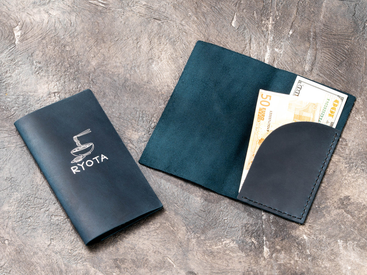 Navy Crazy Horse leather check presenter with cash pocket and silver foil restaurant logo