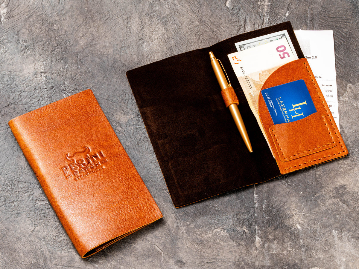 Open leather check presenter with suede interior, cash pocket, card slot and pen holder