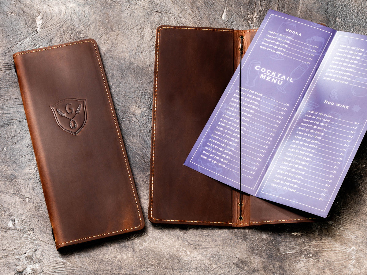 Open leather beverage menu cover with elastic cord for folded 8.5 x 11 menu paper