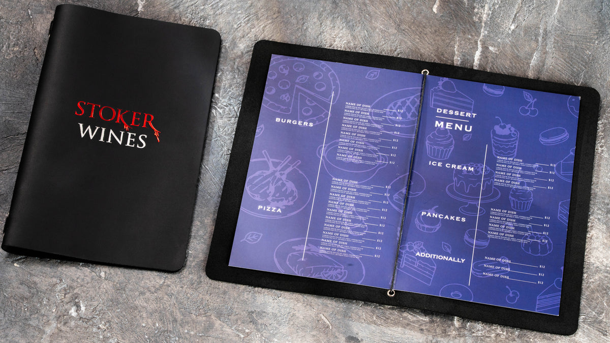 Custom Black Leather Wine Menu Cover with Two-Color Logo & Elastic Cord
