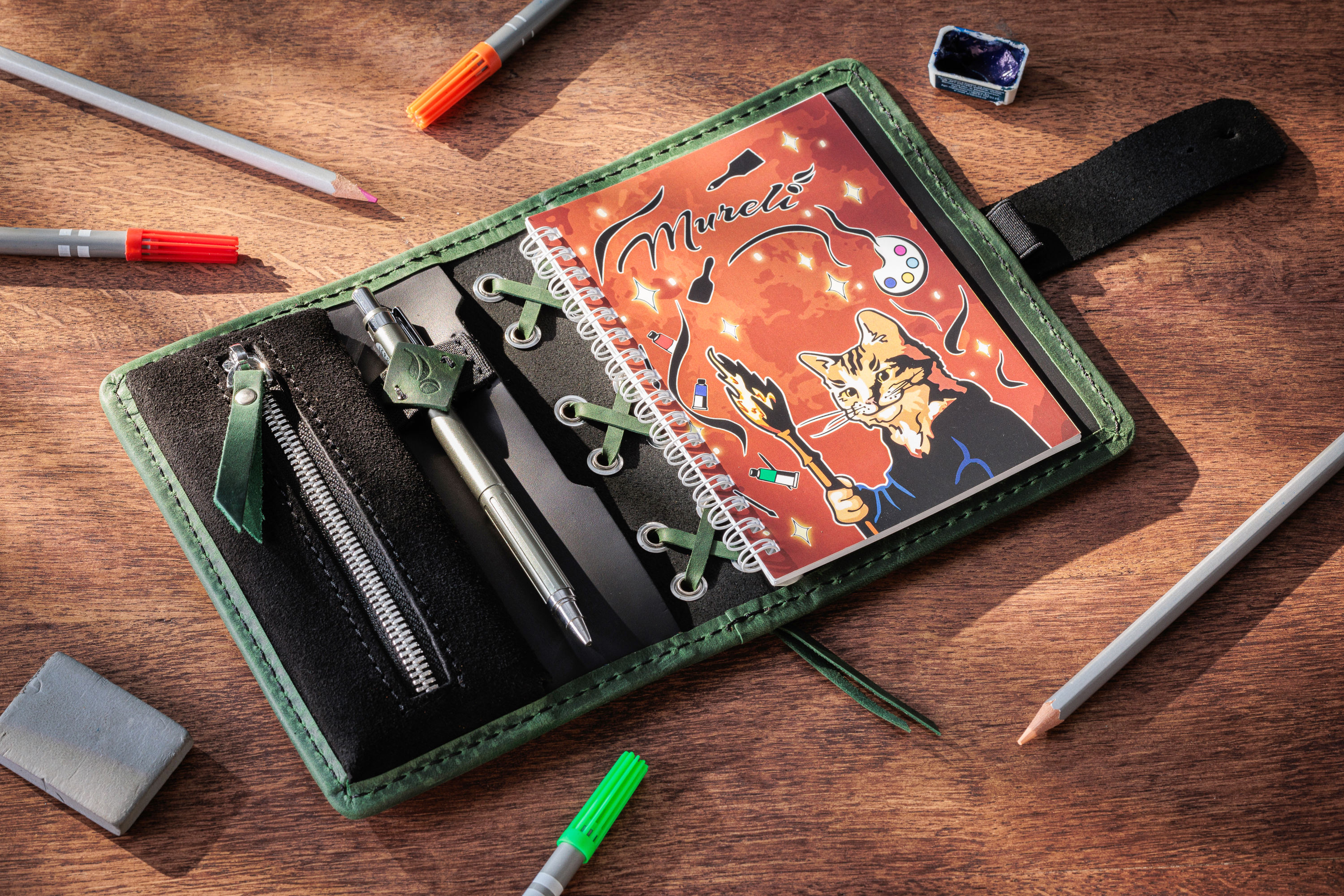 Green Personalized Leather Mini Sketchbook Set — A6 Landscape — Mini Pocket-Size