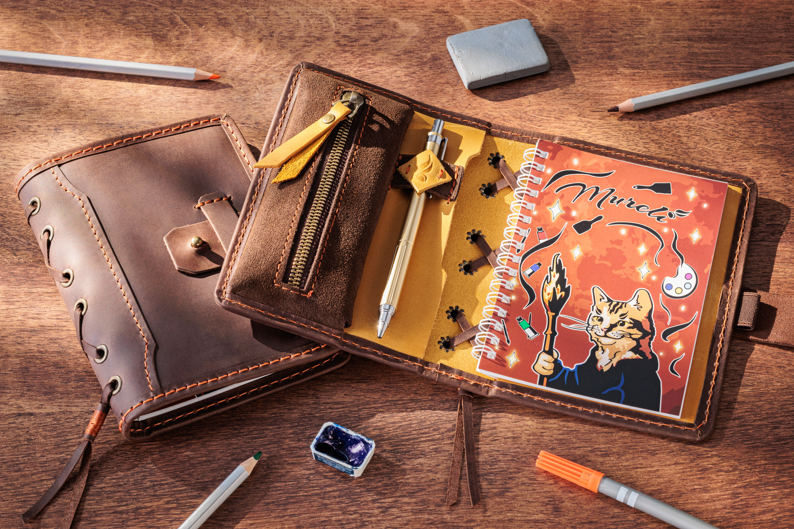 Green Personalized Leather Mini Sketchbook Set — A6 Landscape — Mini Pocket-Size