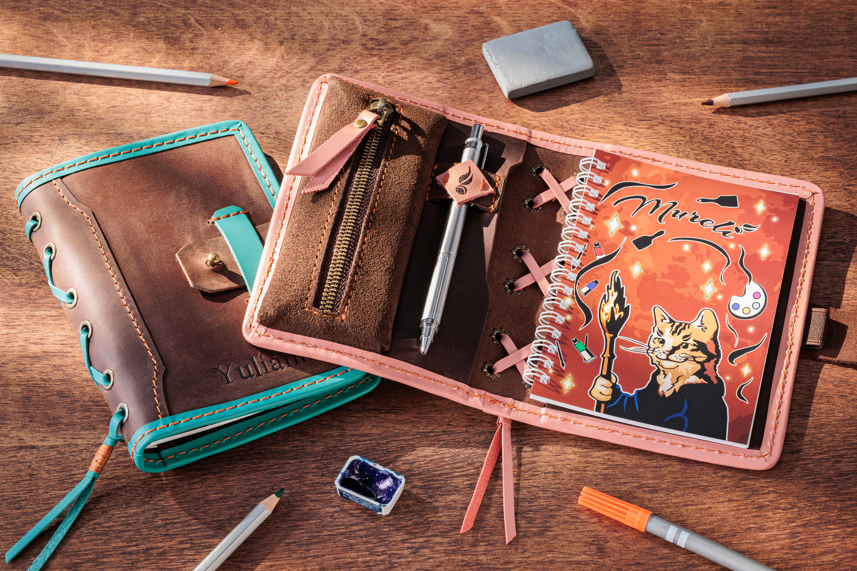 Green Personalized Leather Mini Sketchbook Set — A6 Landscape — Mini Pocket-Size