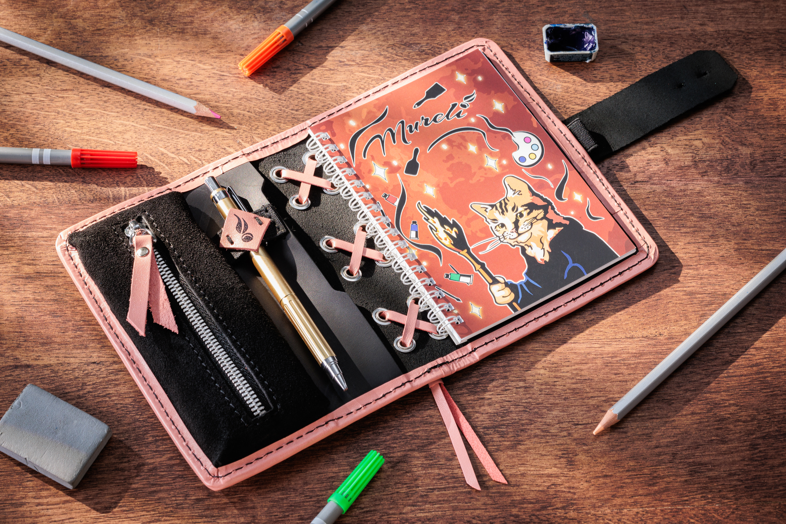 Green Personalized Leather Mini Sketchbook Set — A6 Landscape — Mini Pocket-Size