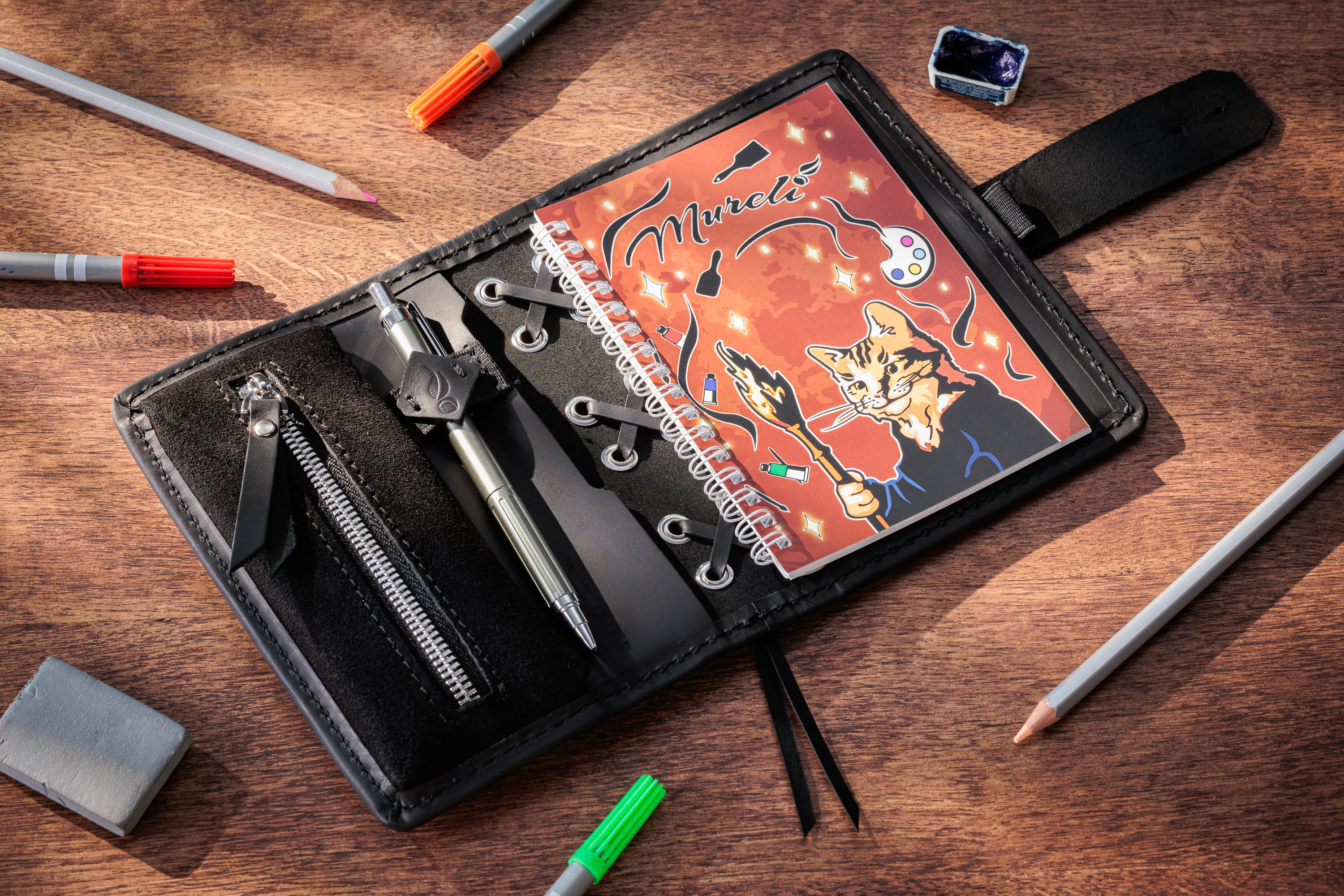 Green Personalized Leather Mini Sketchbook Set — A6 Landscape — Mini Pocket-Size