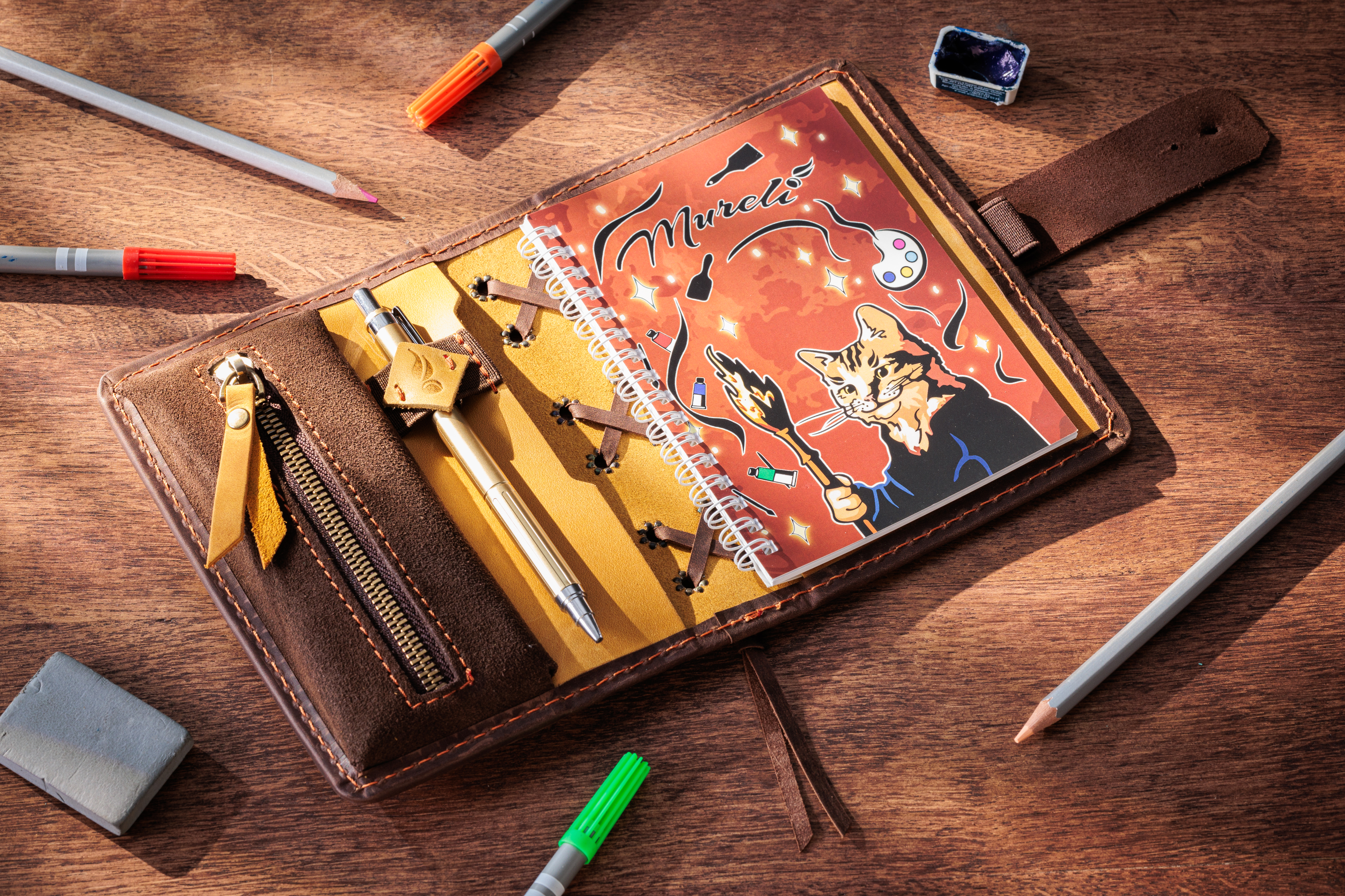 Green Personalized Leather Mini Sketchbook Set — A6 Landscape — Mini Pocket-Size