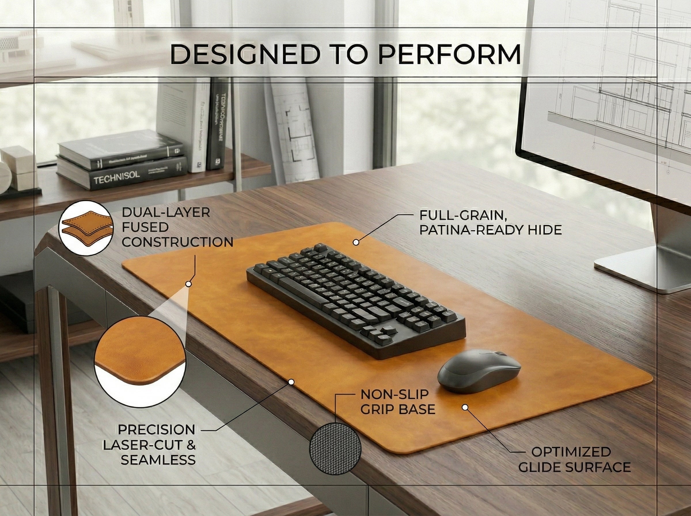 Wooden desk with keyboard and mouse, featuring text on product features.