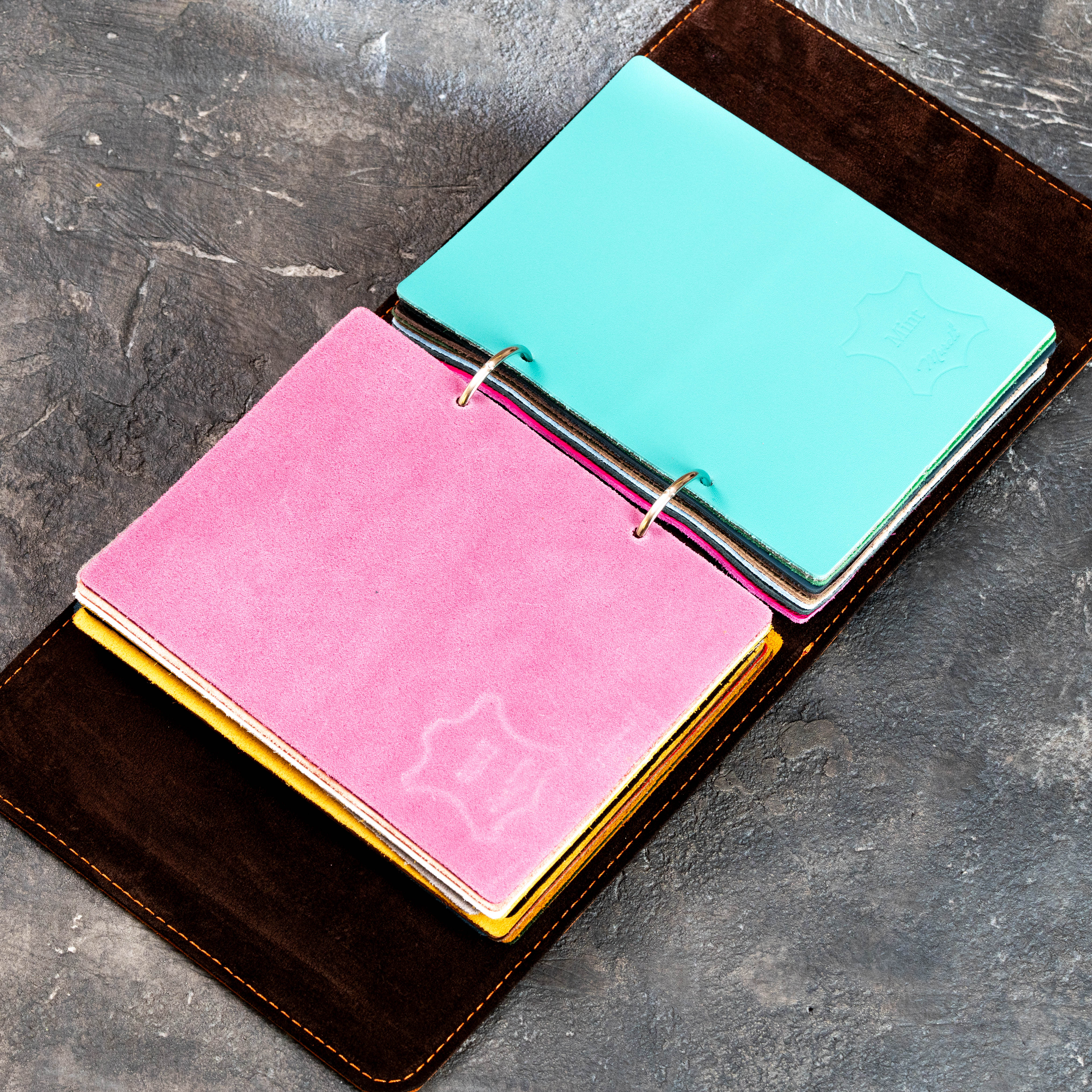 Leather color sample book displaying smooth, textured, and suede leather swatches on metal rings