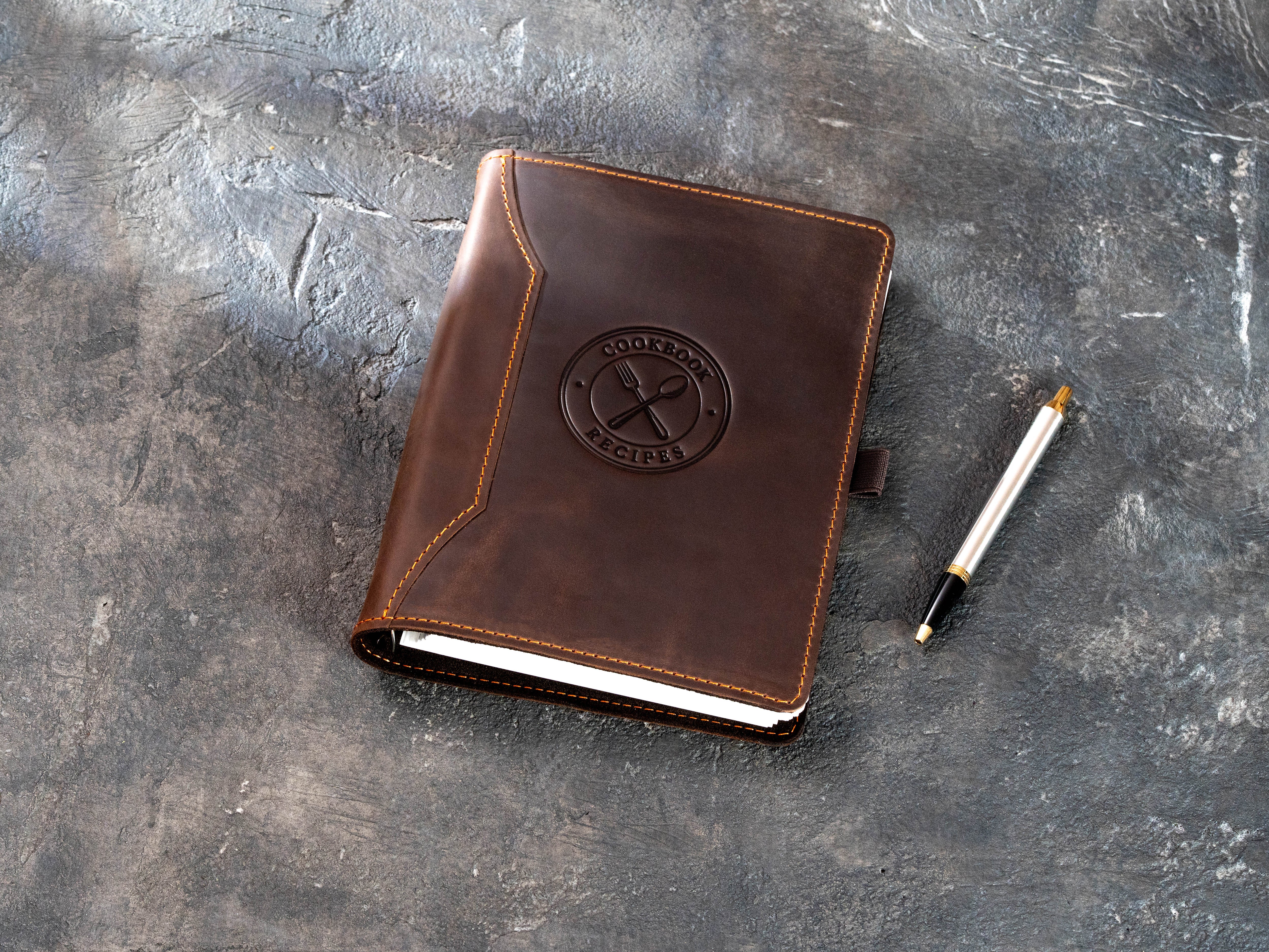 Mureli A5 leather cookbook binder Design 3 shown closed on a neutral background