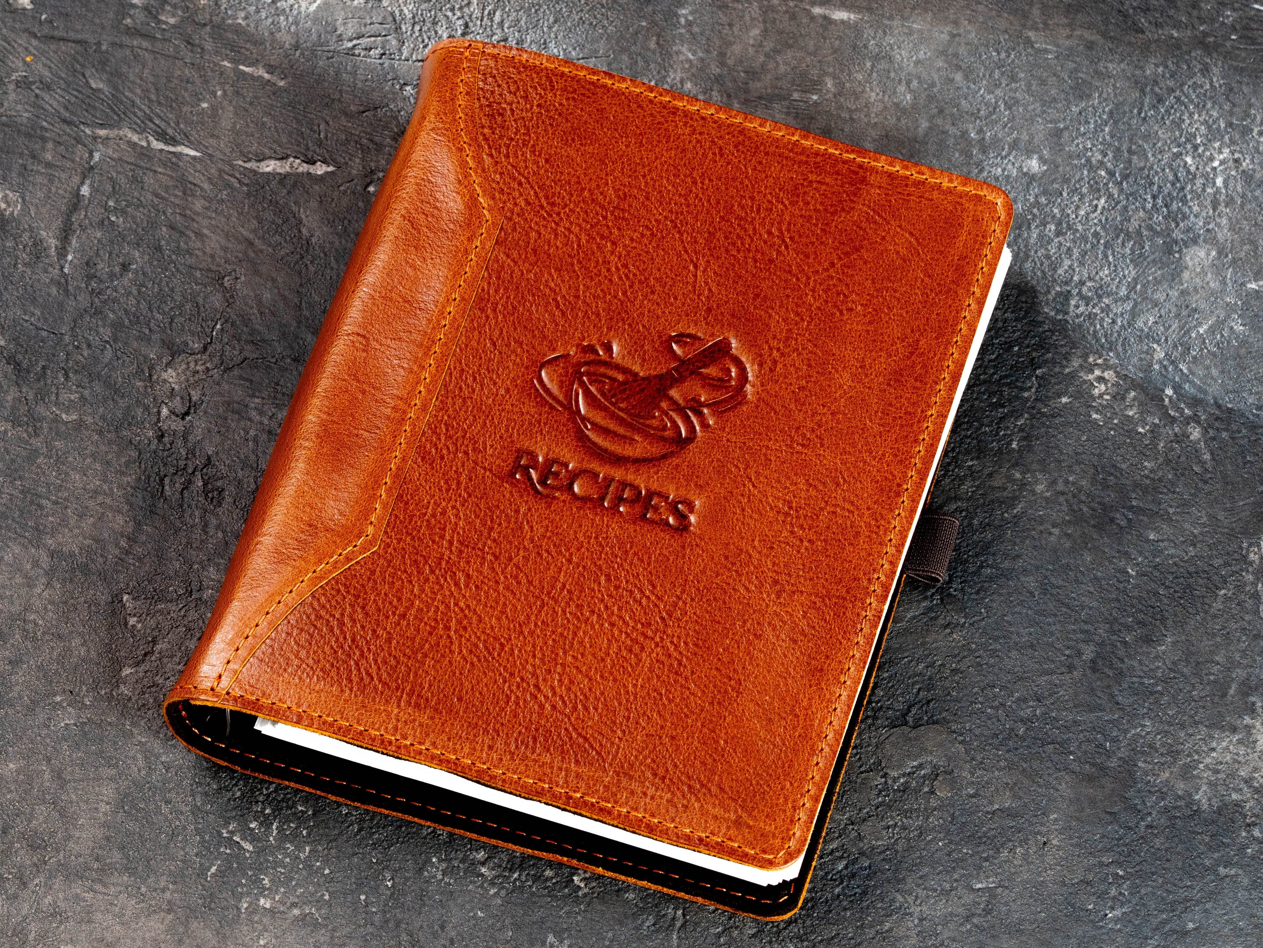 Personalized Camel leather recipe binder with fixed RECIPES cover design