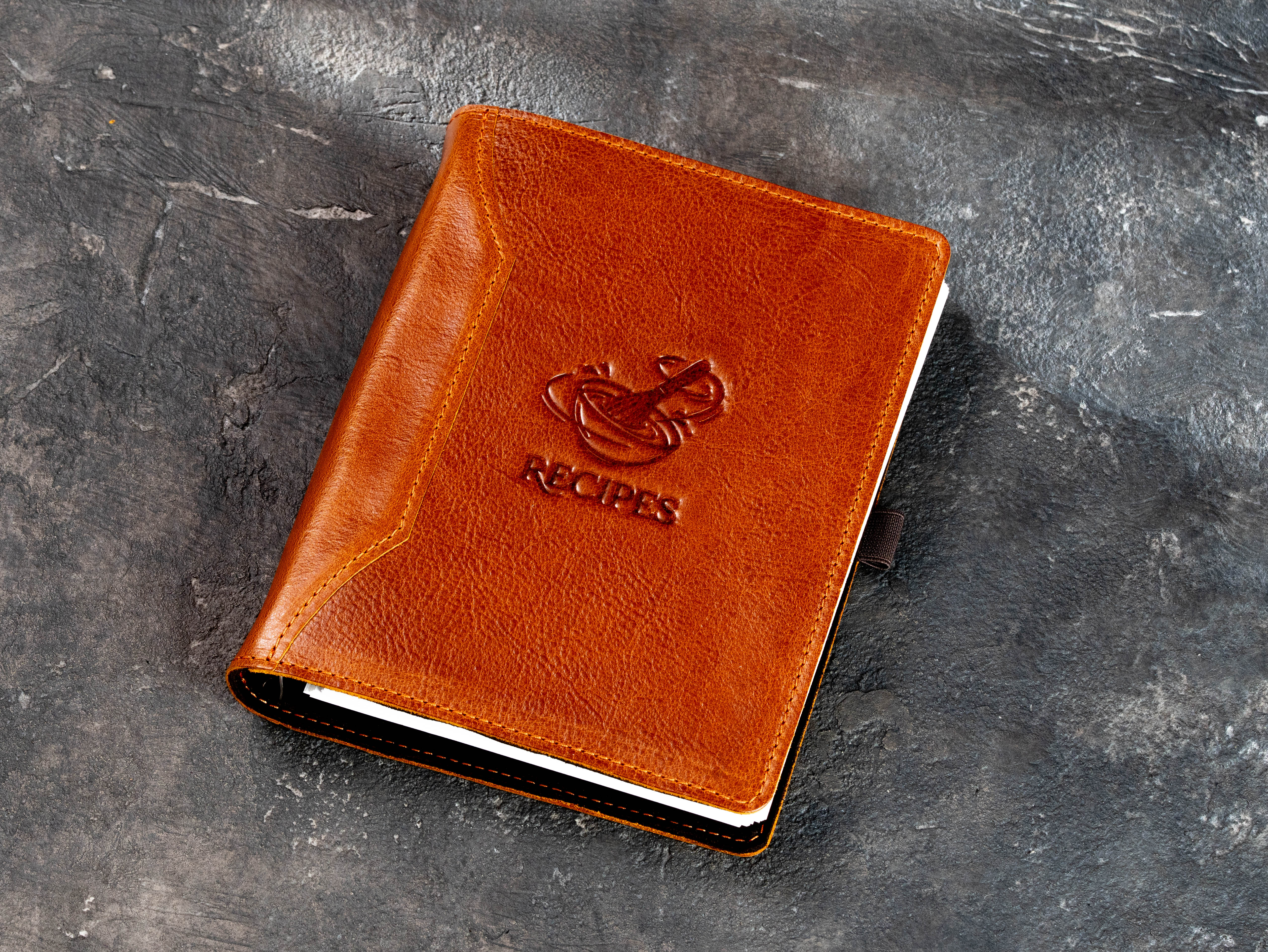 Personalized Camel leather recipe binder with fixed RECIPES cover design