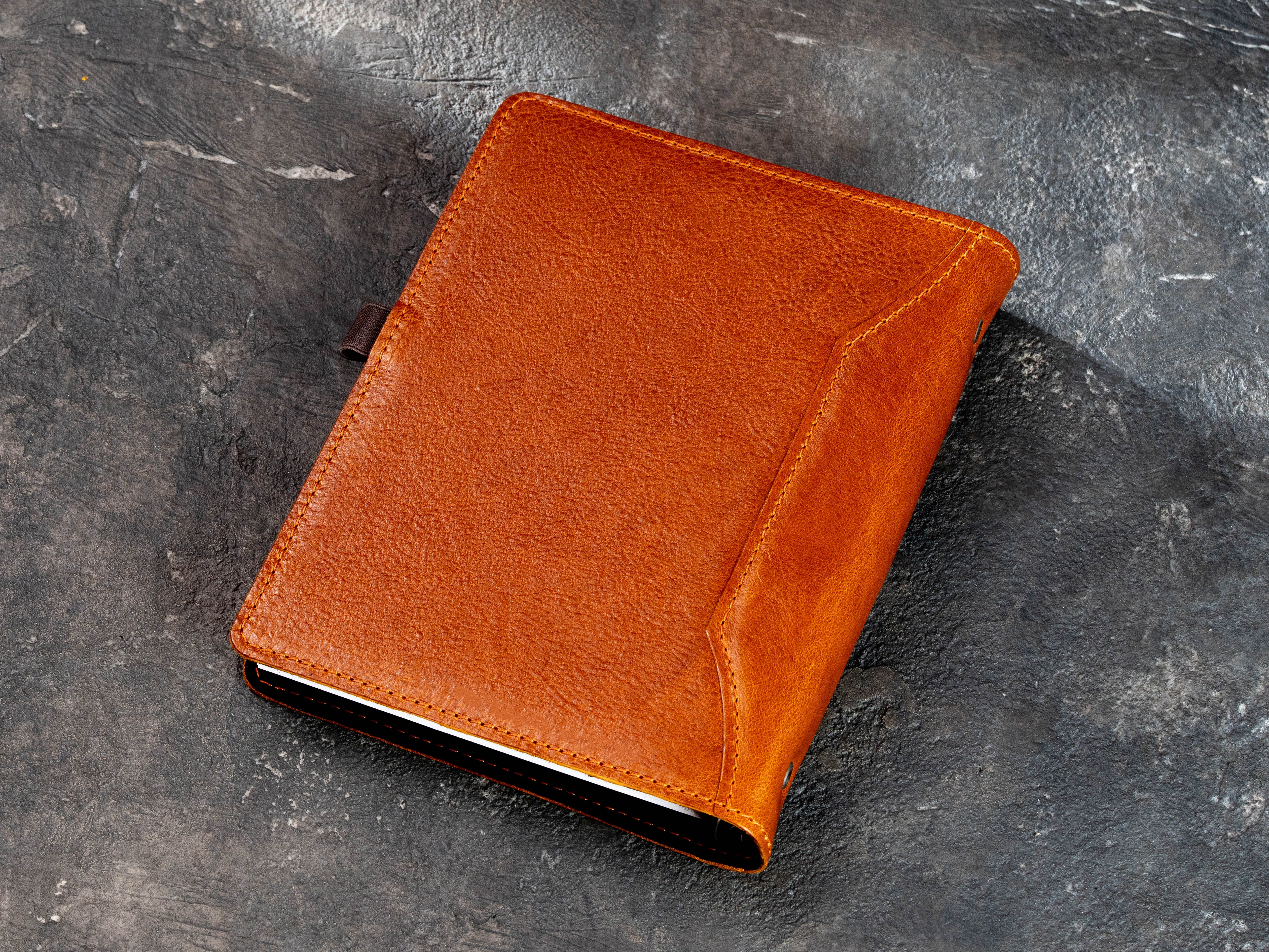 Back view of Camel Cagliari leather A5 recipe organizer with stitched cover