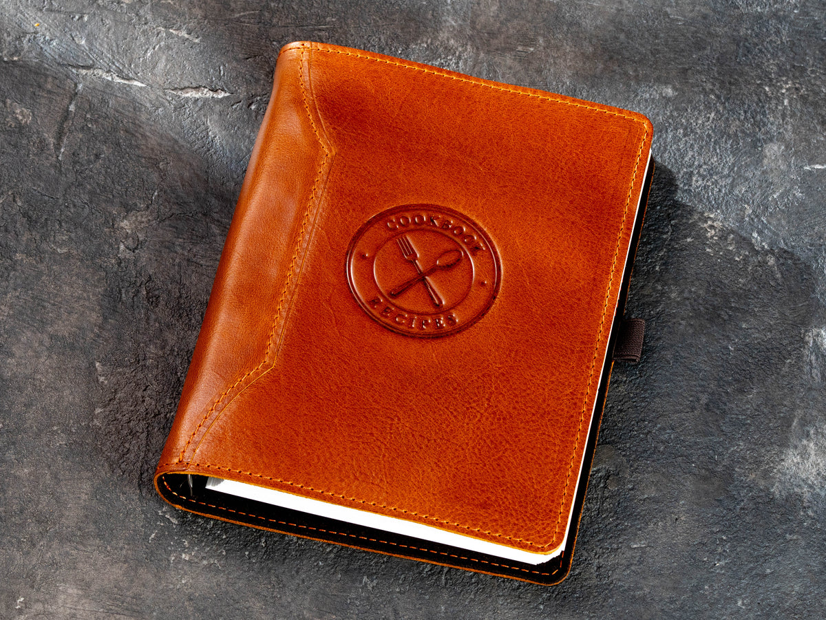 Camel Cagliari leather cookbook recipe organizer with embossed Cookbook Recipes design