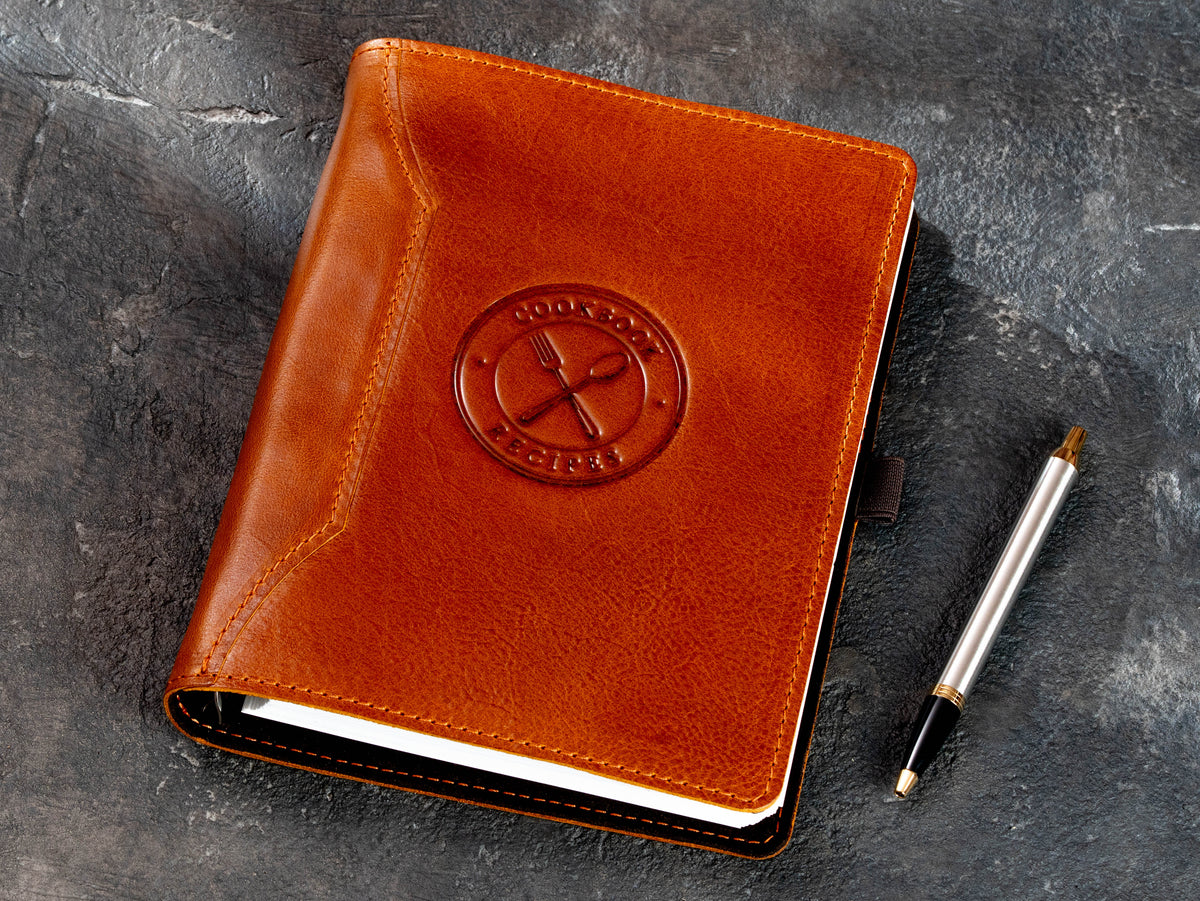 Personalized camel leather recipe binder for A5 and 8.5 x 5.5 recipe pages with pen loop