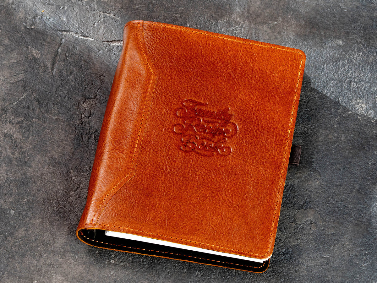 Personalized Camel leather recipe binder with fixed Family Recipe Book design on the front cover