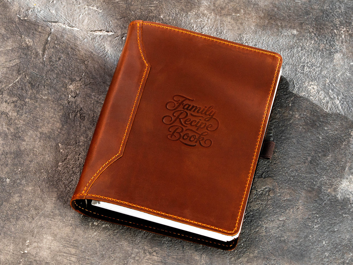 Copper Crazy Horse leather Family Recipe Book organizer with fixed embossed design and refillable pages