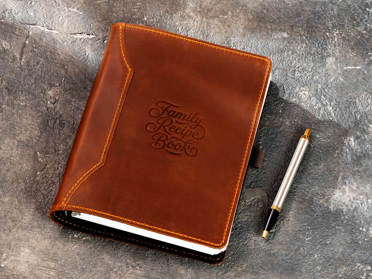 Personalized copper leather family recipe book with 6-ring organizer and pen holder