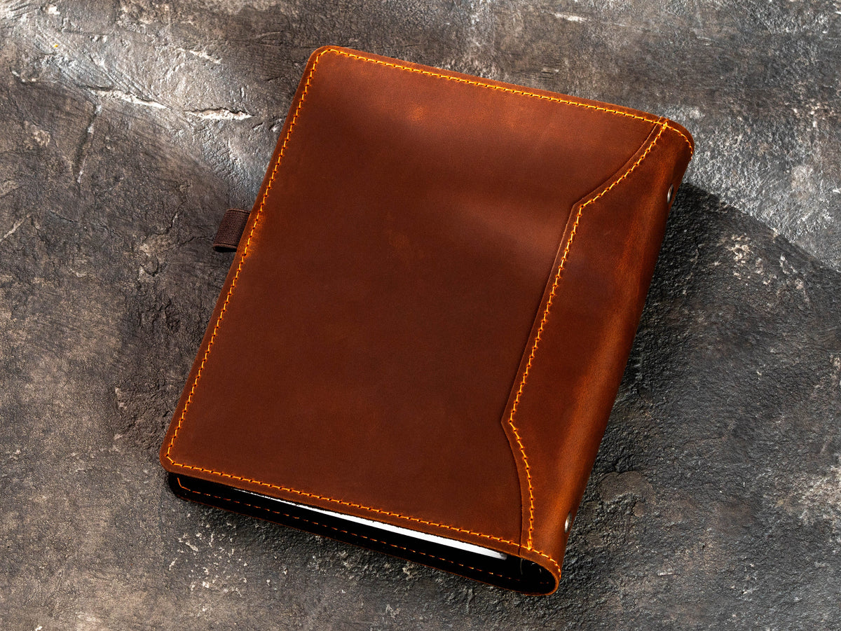 Back view of copper Crazy Horse leather recipe organizer with stitched cover and vintage finish