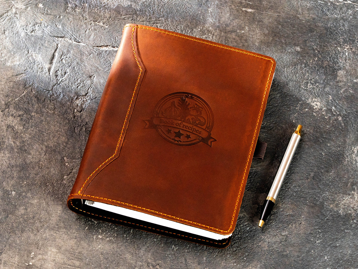 Copper Crazy Horse leather recipe organizer with embossed Book of Recipes design and pen