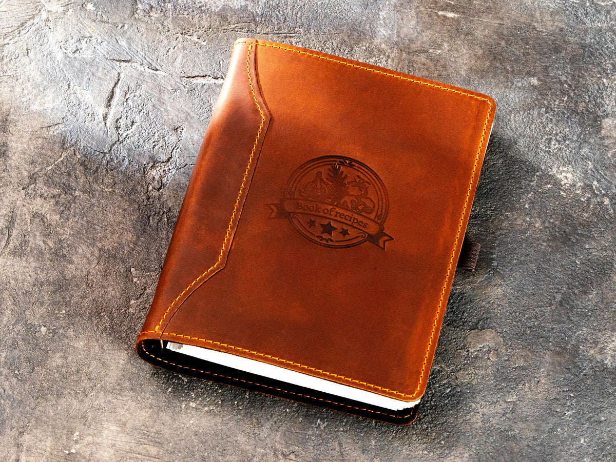 Copper leather family cookbook organizer with fixed embossed Book of Recipes cover design