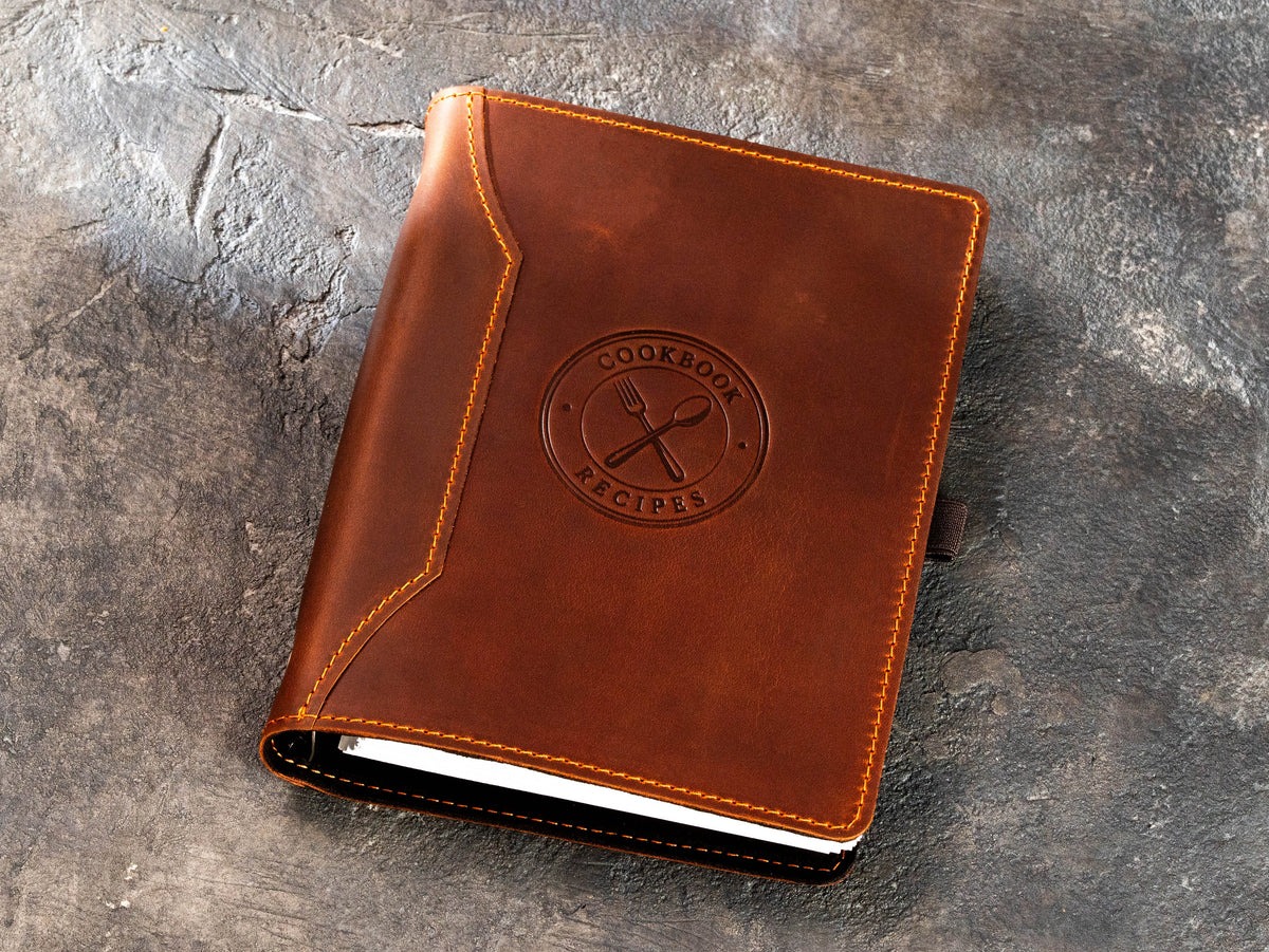 Copper Crazy Horse leather cookbook organizer with embossed Cookbook Recipes design