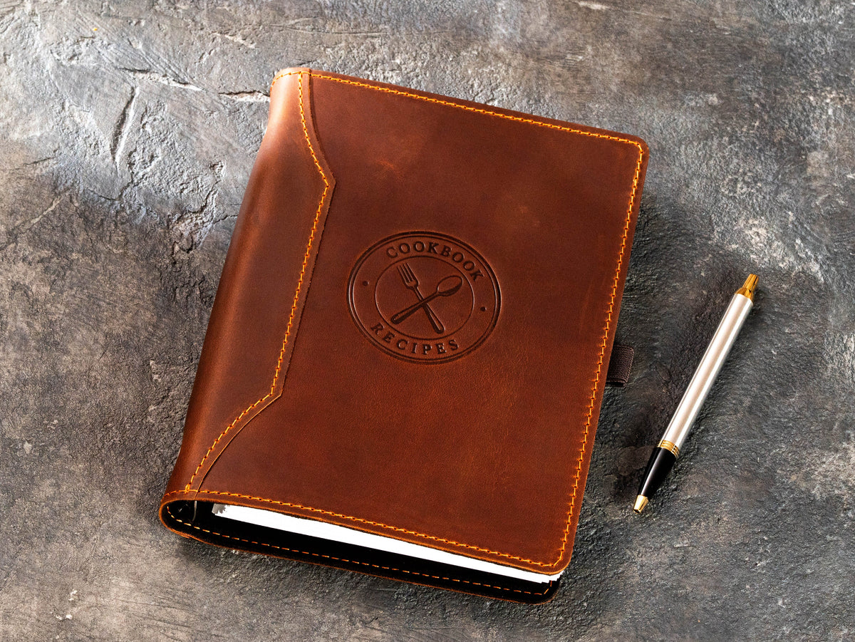 Leather recipe keeper in copper Crazy Horse leather with Cookbook Recipes emblem and pen