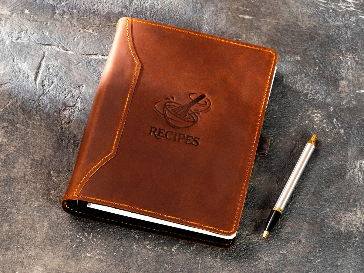 Copper Crazy Horse leather recipe organizer with embossed Recipes design and pen