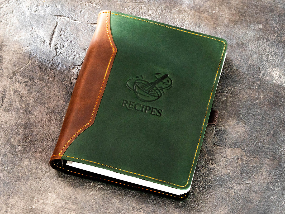 Green and brown Crazy Horse leather cooking recipe binder with embossed Recipes design
