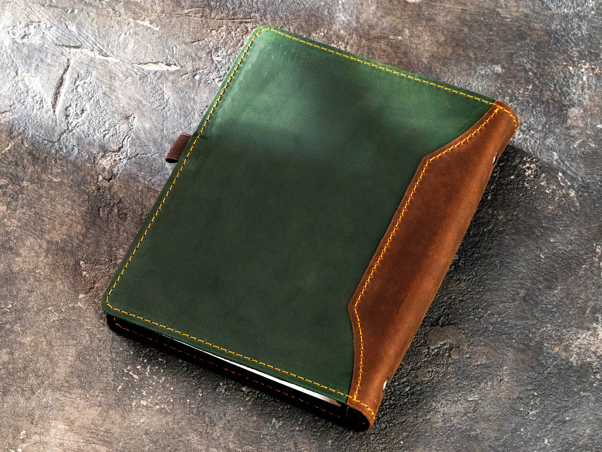 Back view of two-tone green and brown Crazy Horse leather family recipe book organizer