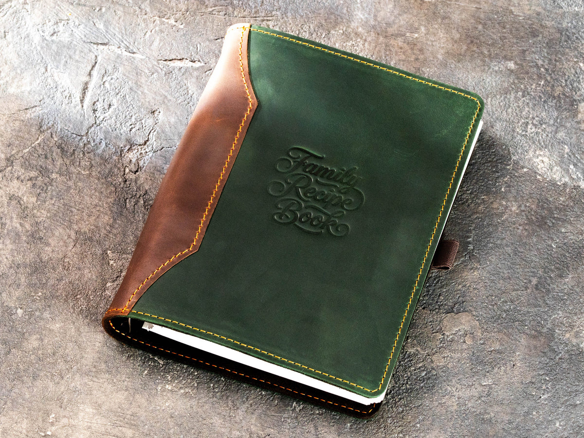 Green and brown Crazy Horse leather Family Recipe Book organizer with embossed Design No. 1