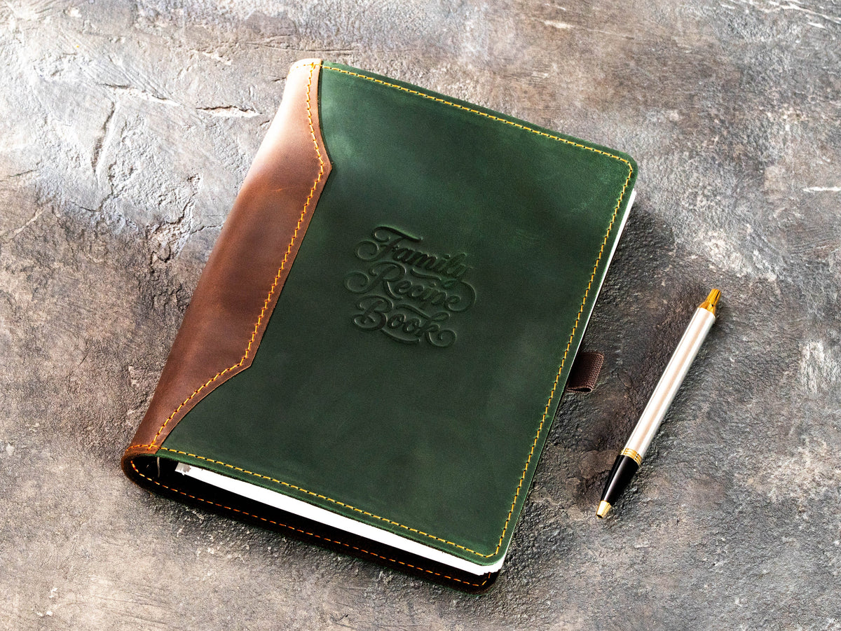 Two-tone Crazy Horse leather family recipe keeper with embossed cover design and pen