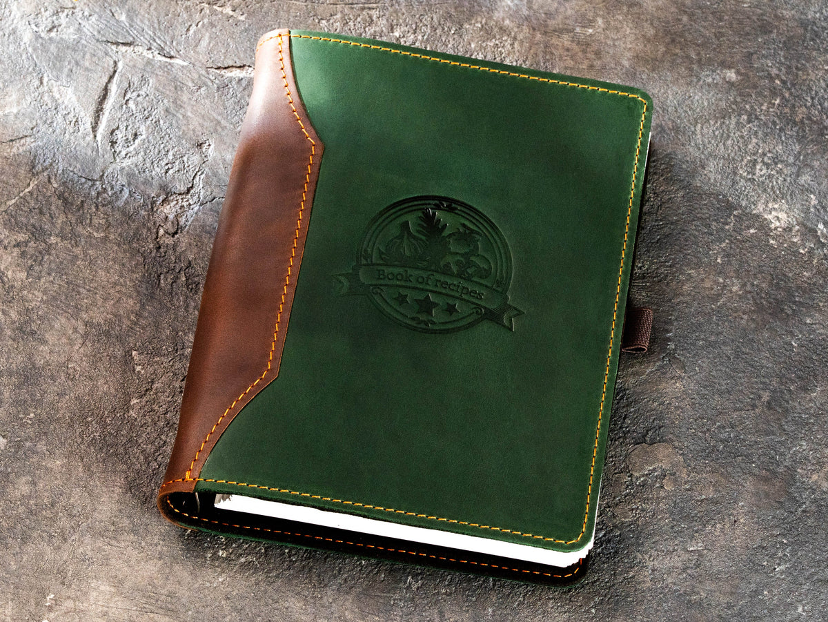 Two-tone green and brown Crazy Horse leather recipe binder with Book of Recipes embossed design