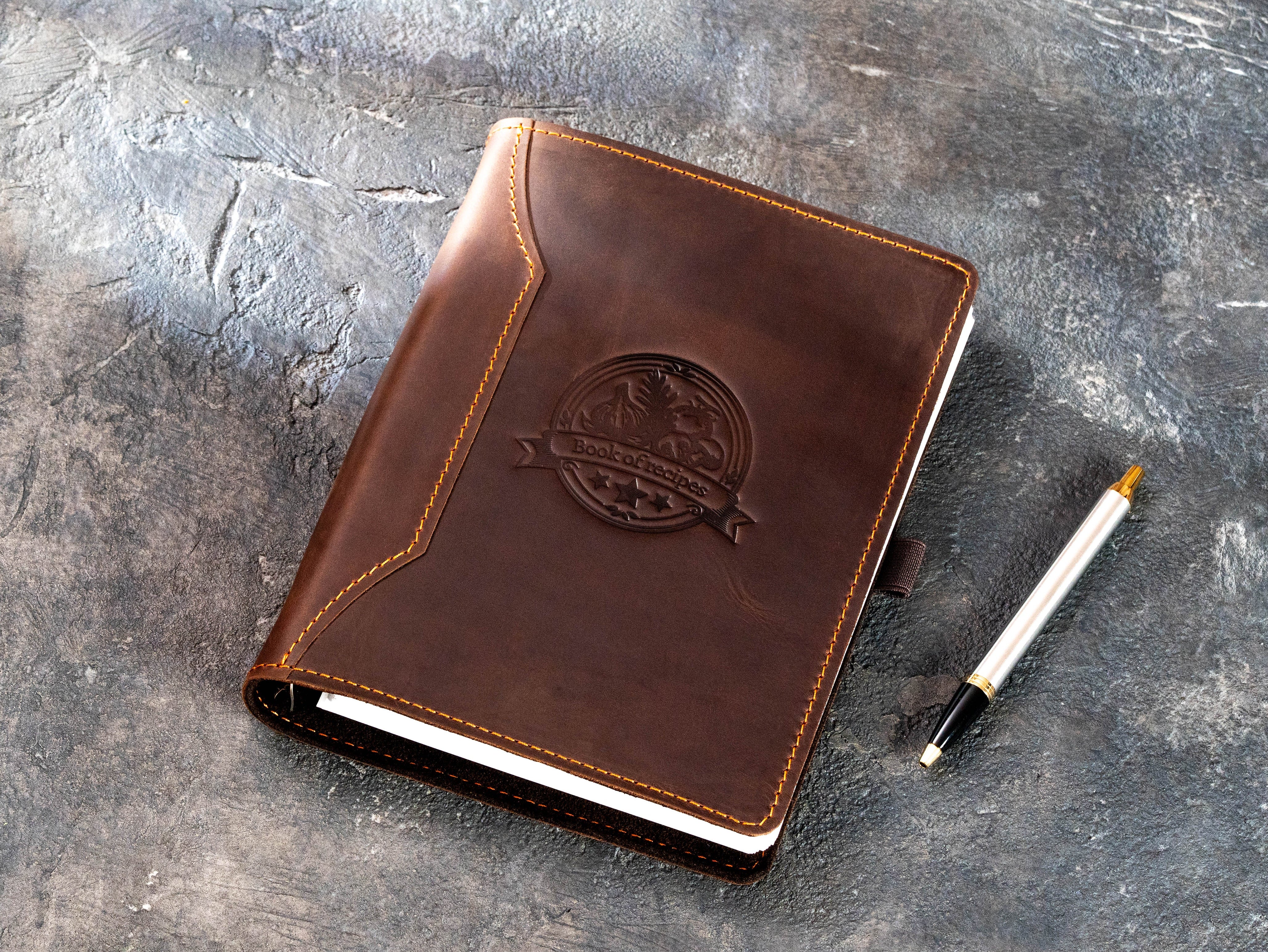Brown leather A5 recipe binder Design 2 with embossed Book of Recipes cover and 6-ring mechanism