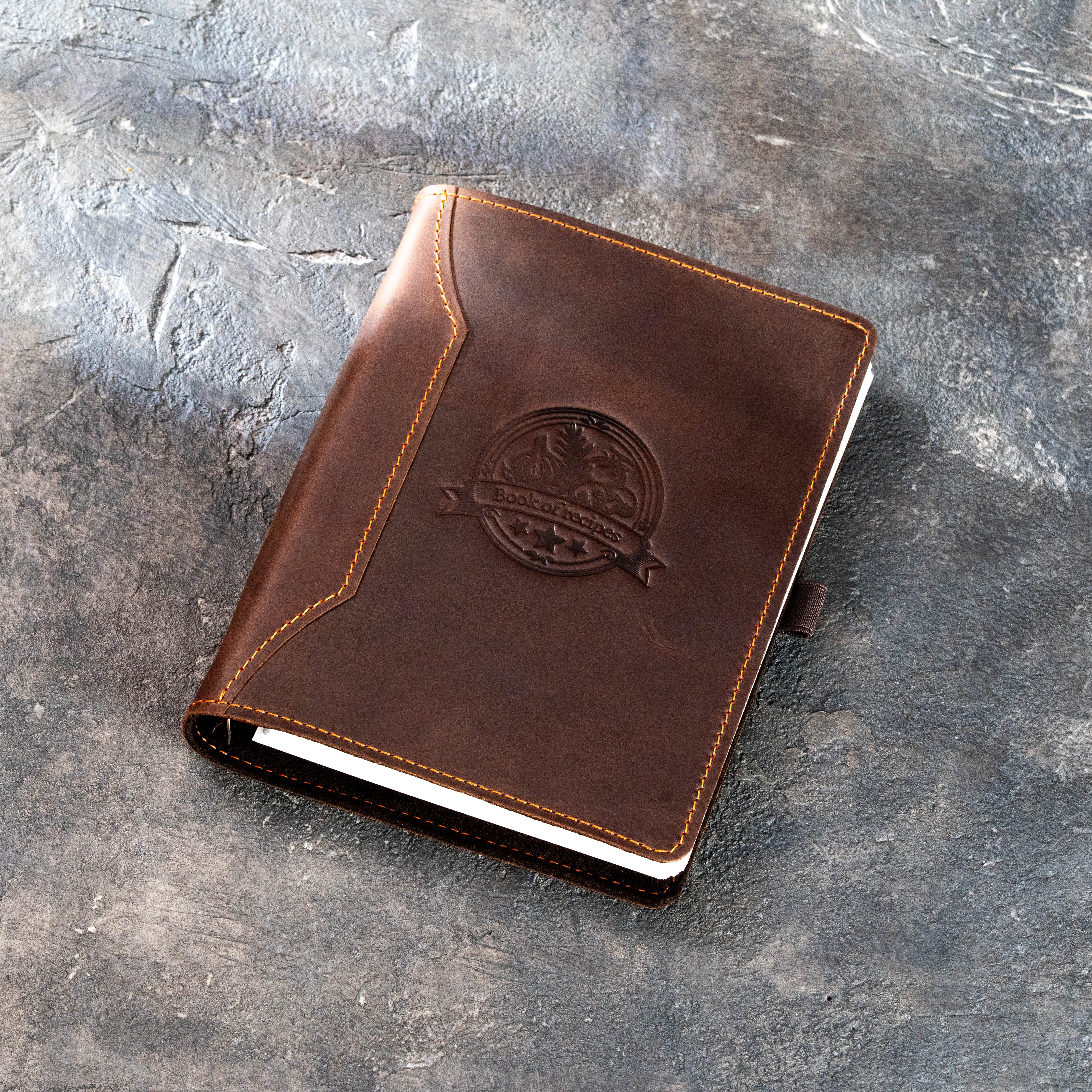 Personalized brown leather cookbook organizer with lined A5 recipe pages