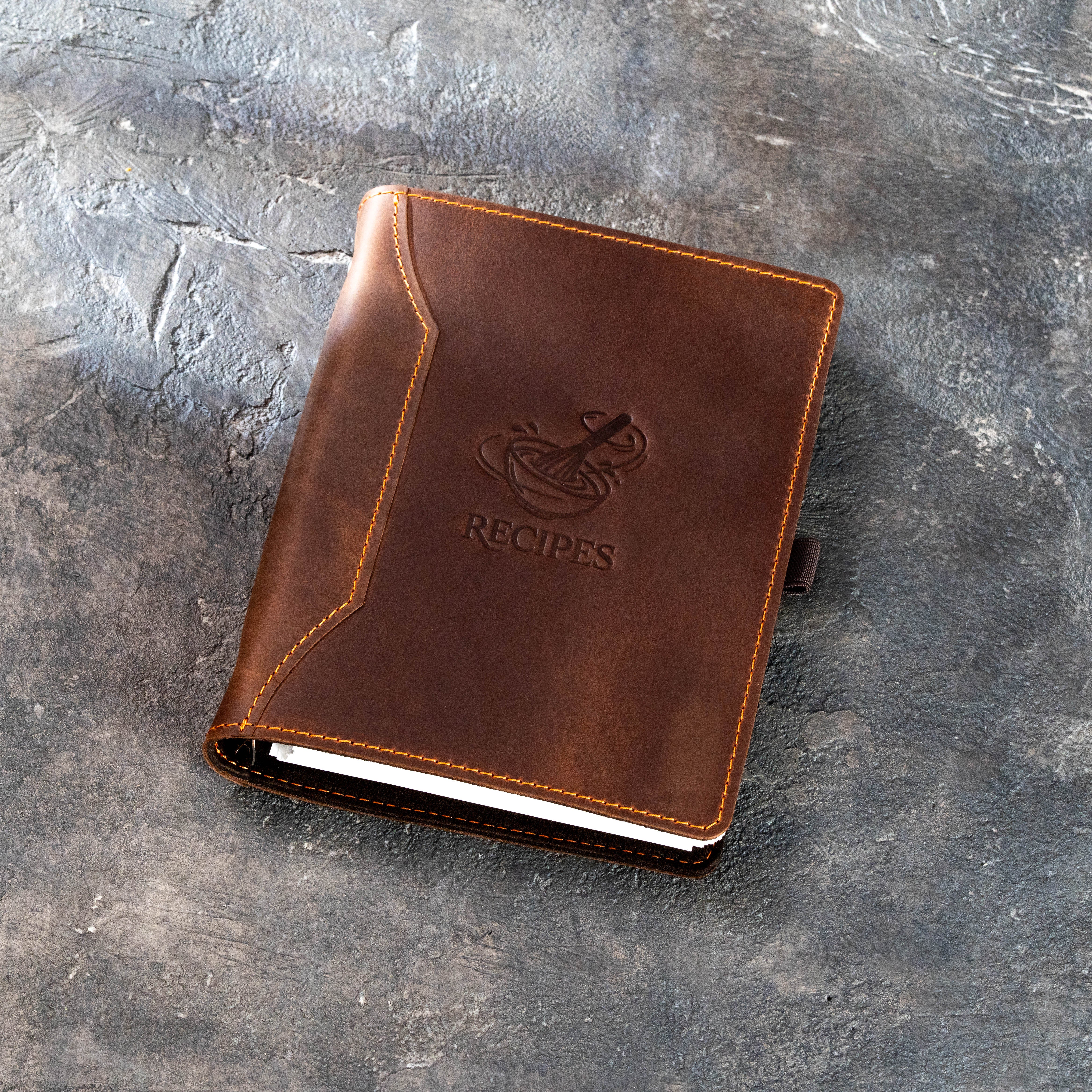 personalized brown leather recipe binder Design No. 4 with decorative RECIPES artwork and contrast stitching
