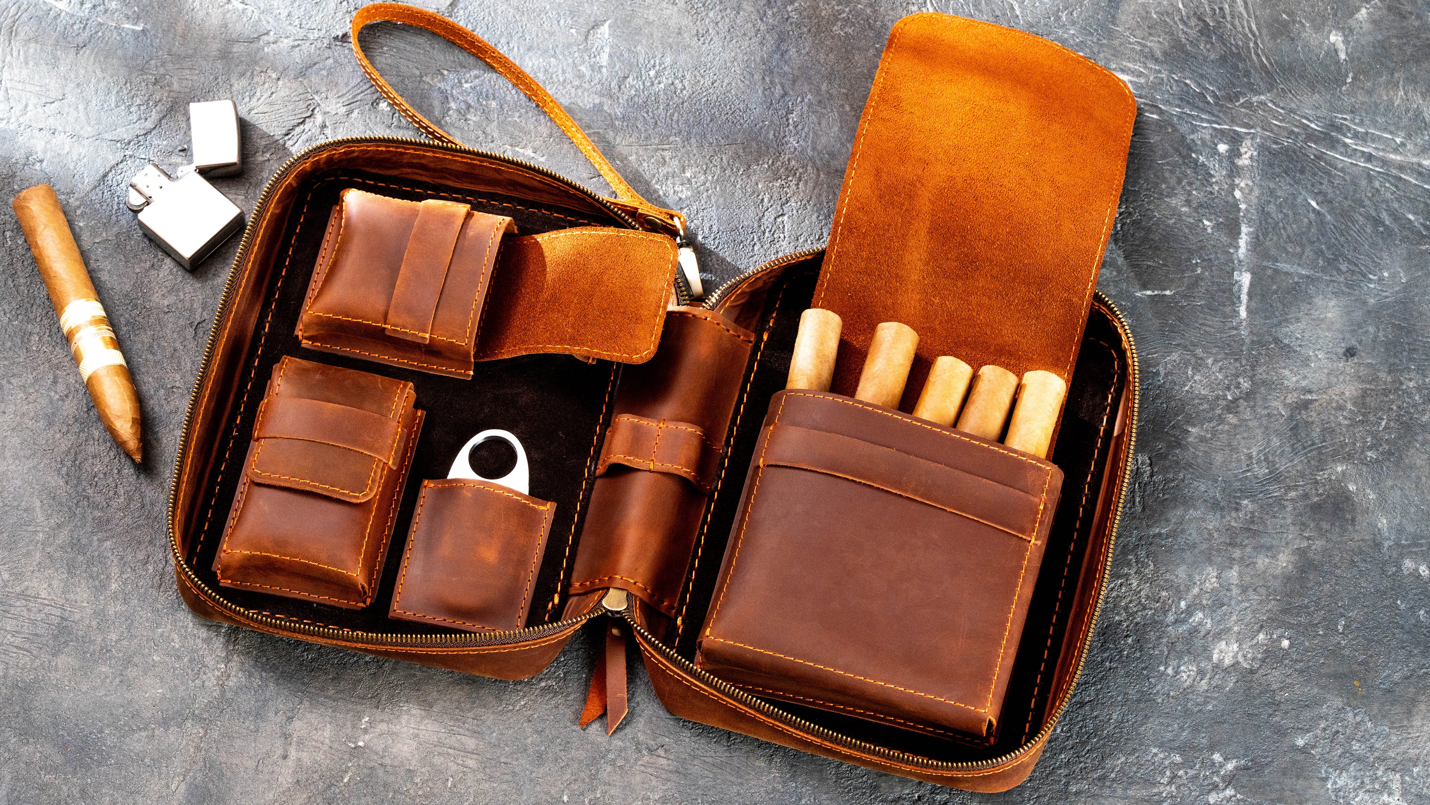 Leather Cigar Travel Case, Personalized Leather Cigar Holder Organizer