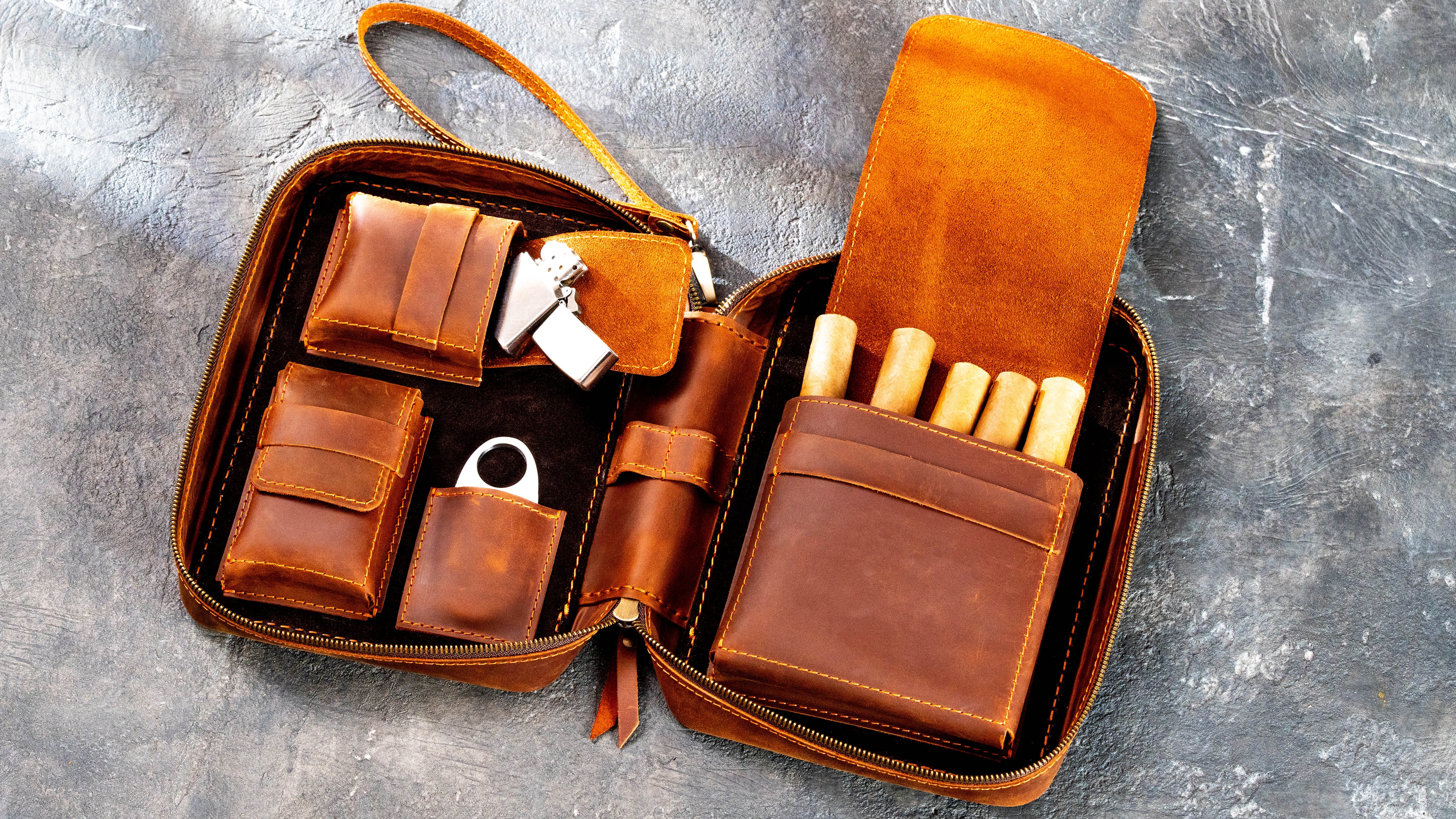 Leather Cigar Travel Case, Personalized Leather Cigar Holder Organizer