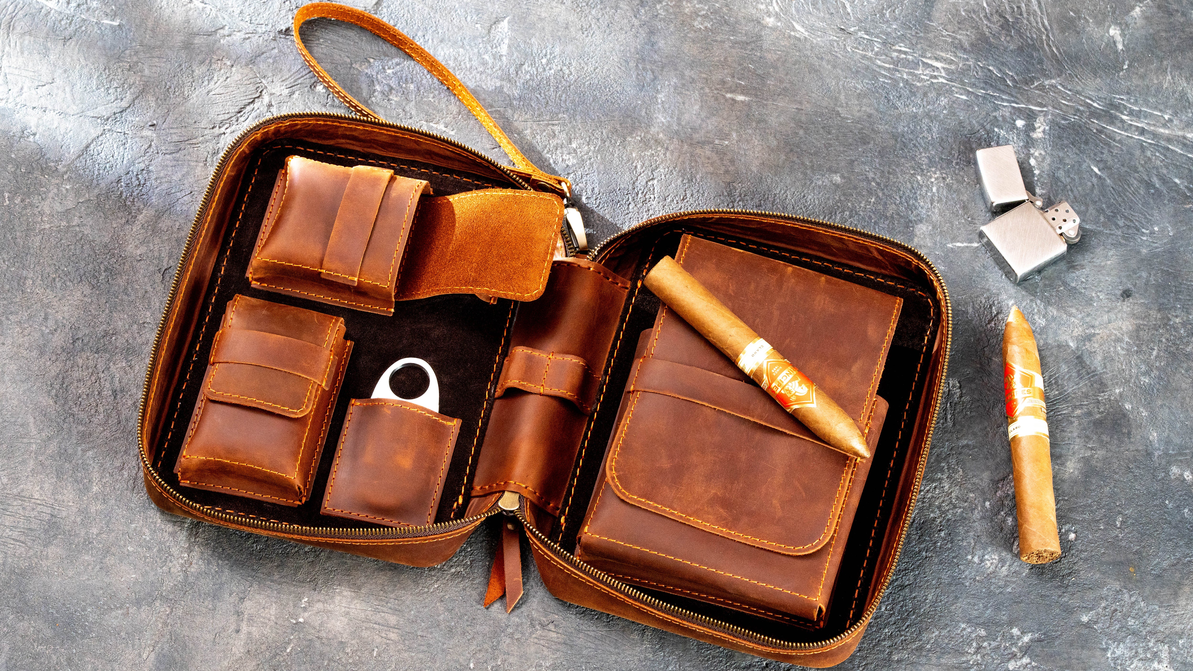 Leather Cigar Travel Case, Personalized Leather Cigar Holder Organizer