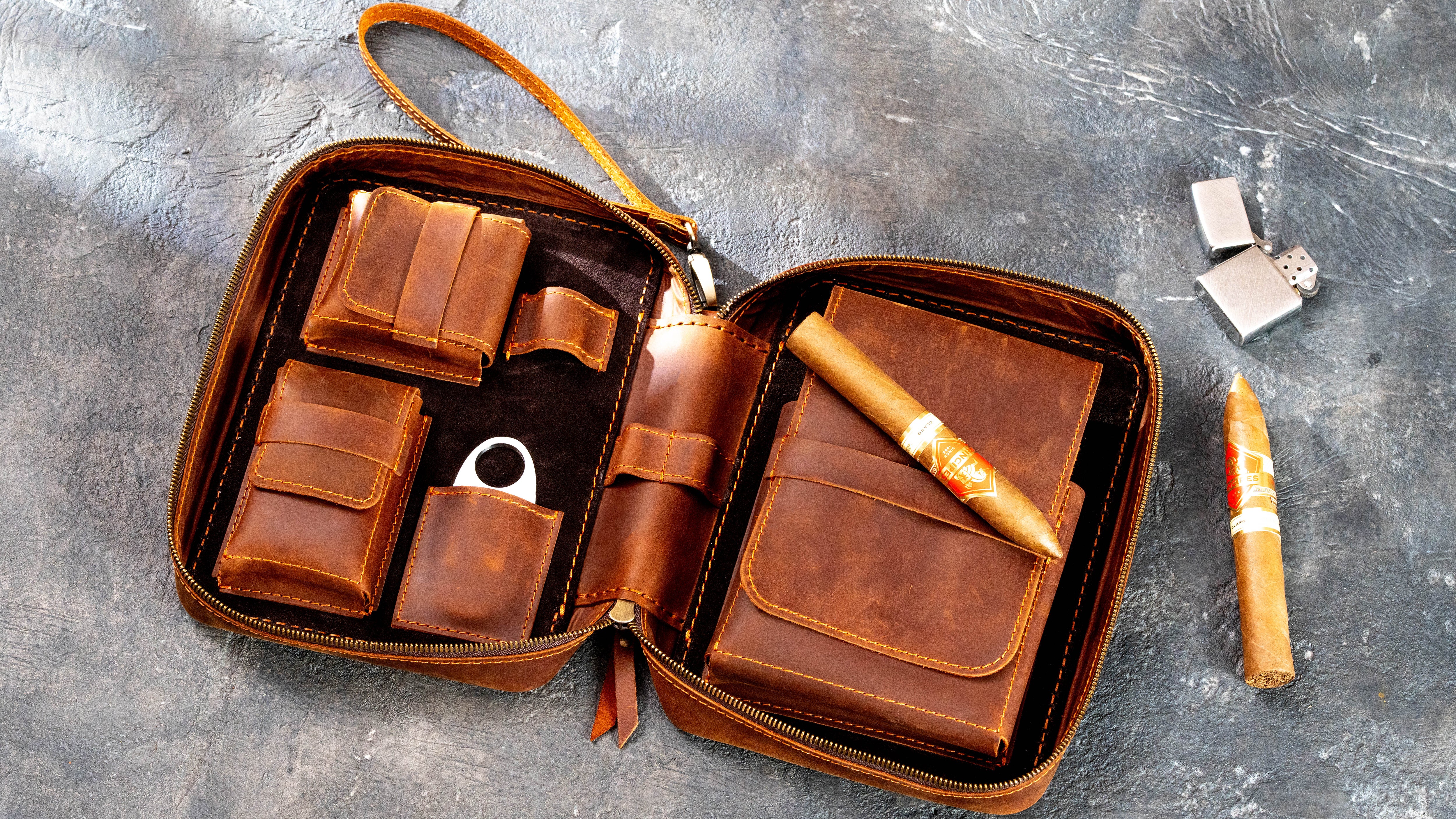 Leather Cigar Travel Case, Personalized Leather Cigar Holder Organizer