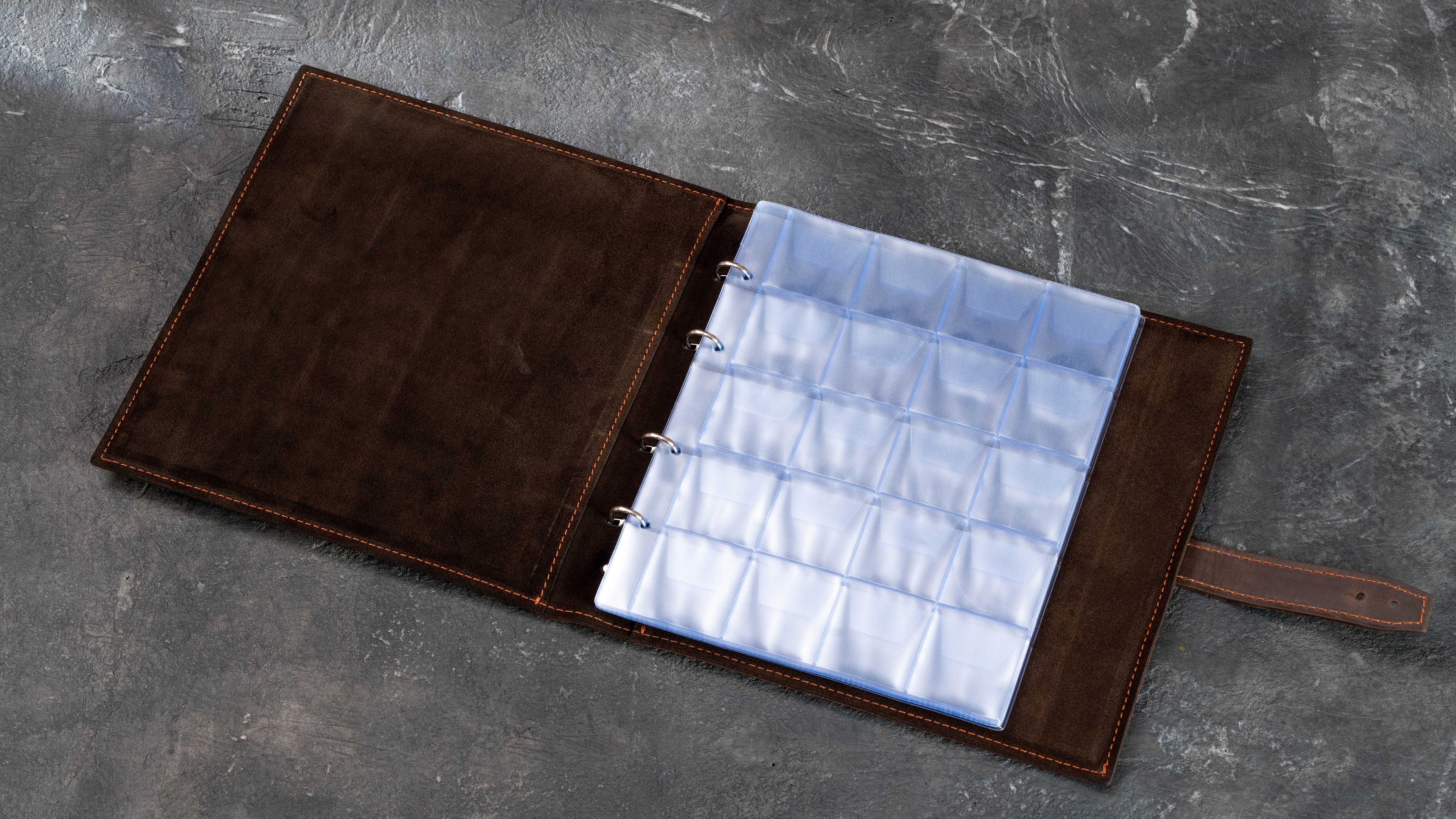 Personalized Brown Leather Coin Collection Album with 200 Pockets and Strap Closure | Mureli